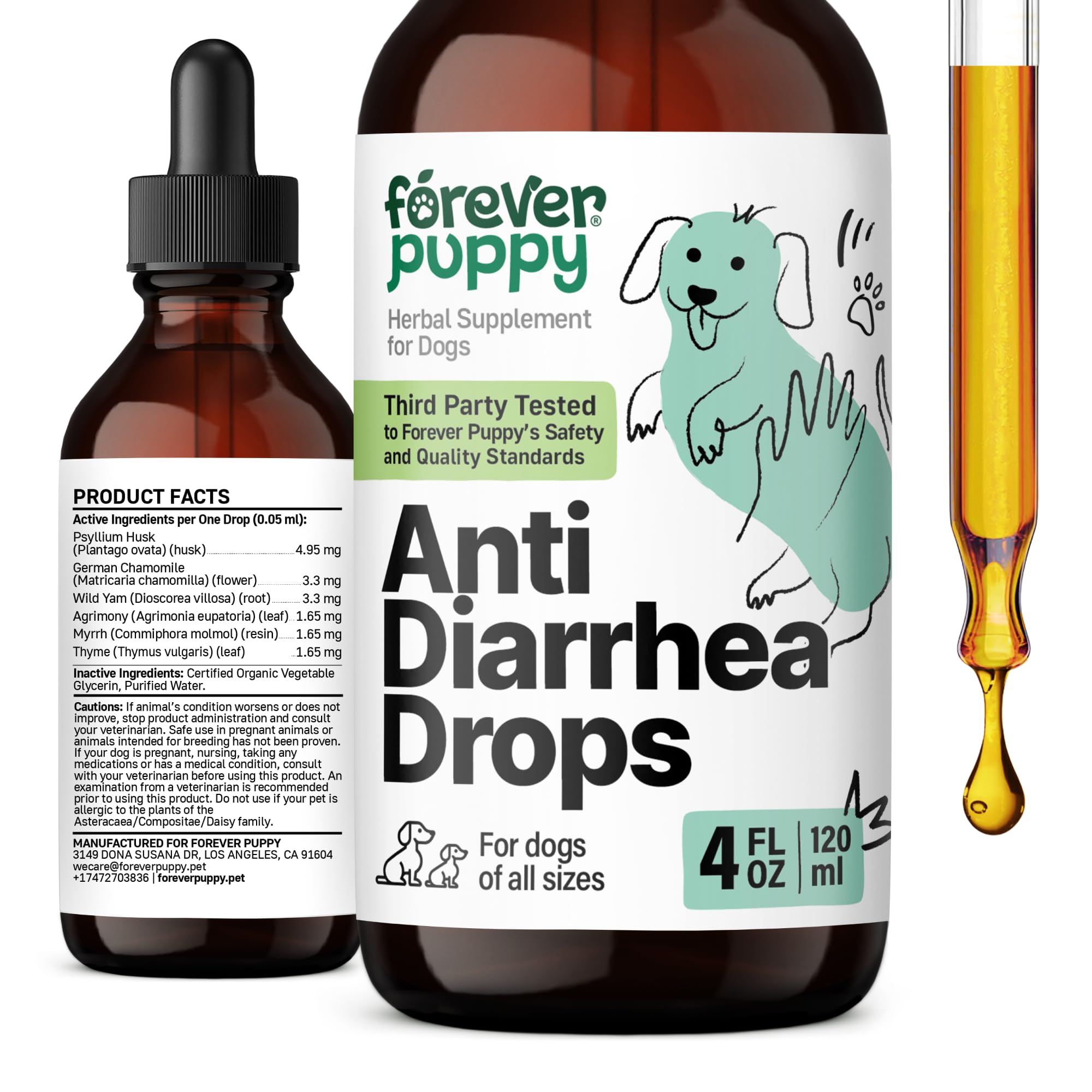 Forever Puppy Anti Diarrhea Liquid Drops for Dogs - Psyllium Husk Fiber Supplement for Dogs - Prebiotic Drops for Loose Stool & Digestive Health - Vitamins & Supplement for Diarrhea Relief - 4 oz