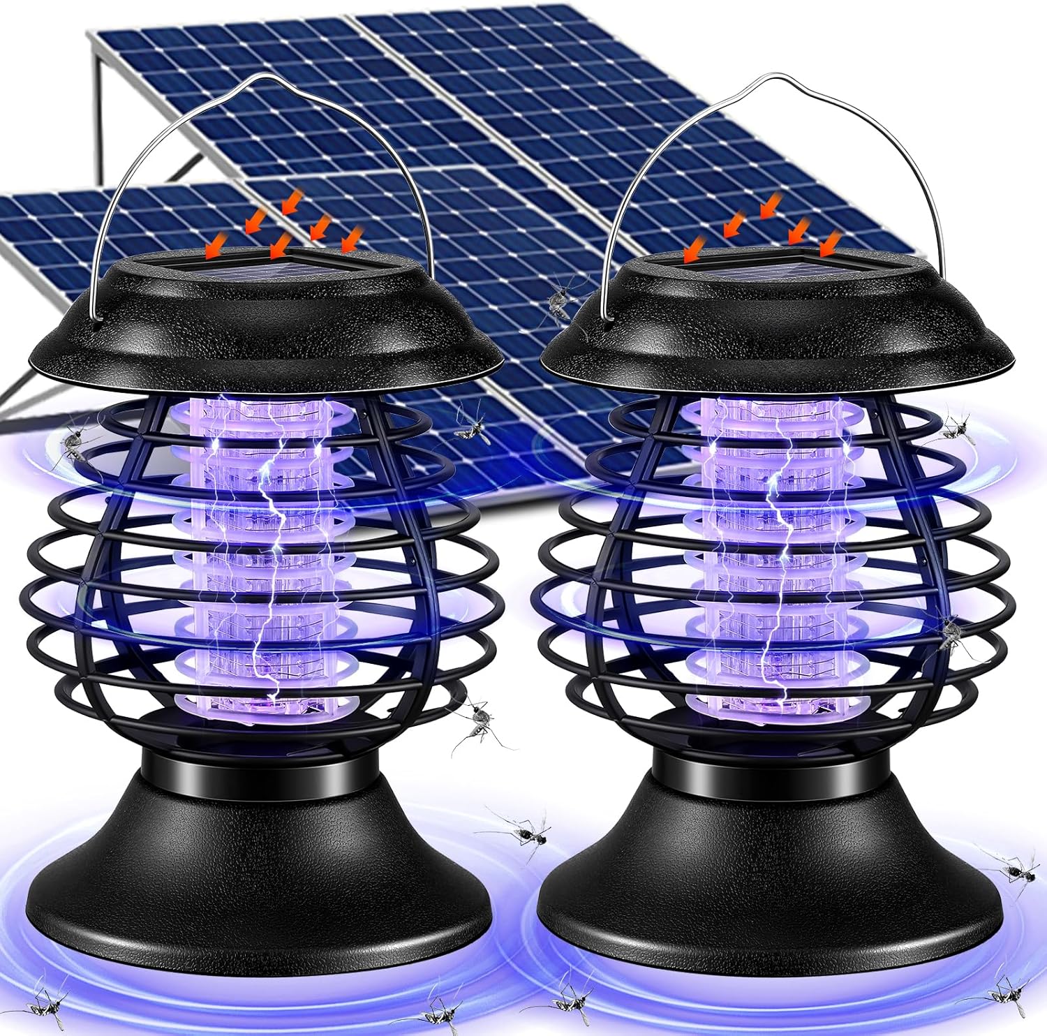 Qualirey 2 Pcs Solar Bug Zapper Outdoor Indoor Waterproof Mosquito Killer Lamp with White and UV Light Portable Cordless Mosquito Insect Zapper for Patio, Backyard, Balcony, Garden, Camping
