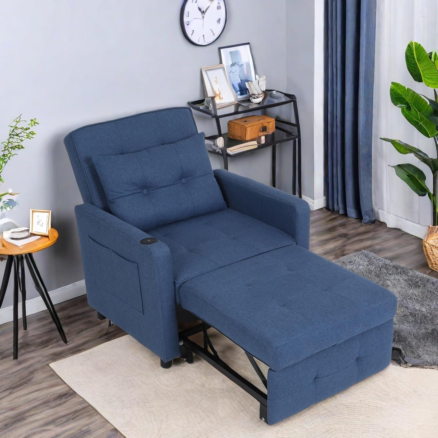Sleeper Chair, 3-in-1 Convertible Chair Bed with USB Ports, Pull Out Couch with Side Pocket, Adjustable Single Armchair Sofa Bed for Living Room, Apartments & Studios, Linen Blue