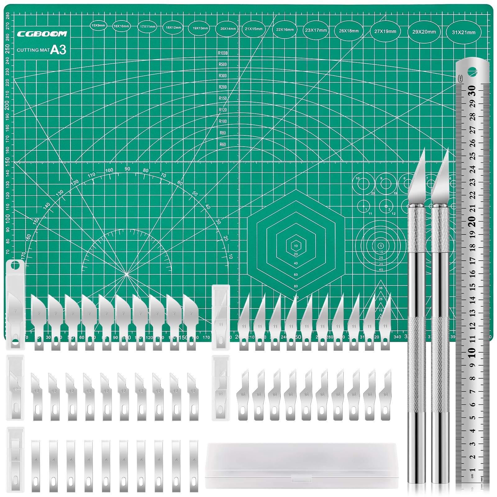 CGBOOM Juego de Alfombrillas de Corte, Base Autorreparable, Alfombrilla de Corte, con 50 Cuchillas y Regla de Acero para Manualidades, Base de Dibujo, Escalpelo de Manualidades (A3)