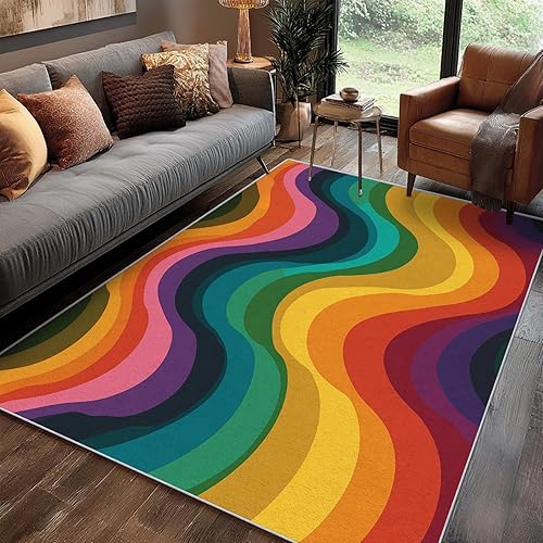 Miniatura 4 de 70s Small Rug 2x3 Retro Rainbow Abstract Art Pattern, Washable Entryway Bedroom Kitchen Doormat, 70s Retro Decor for Home, Soft Non Slip Indoor Door