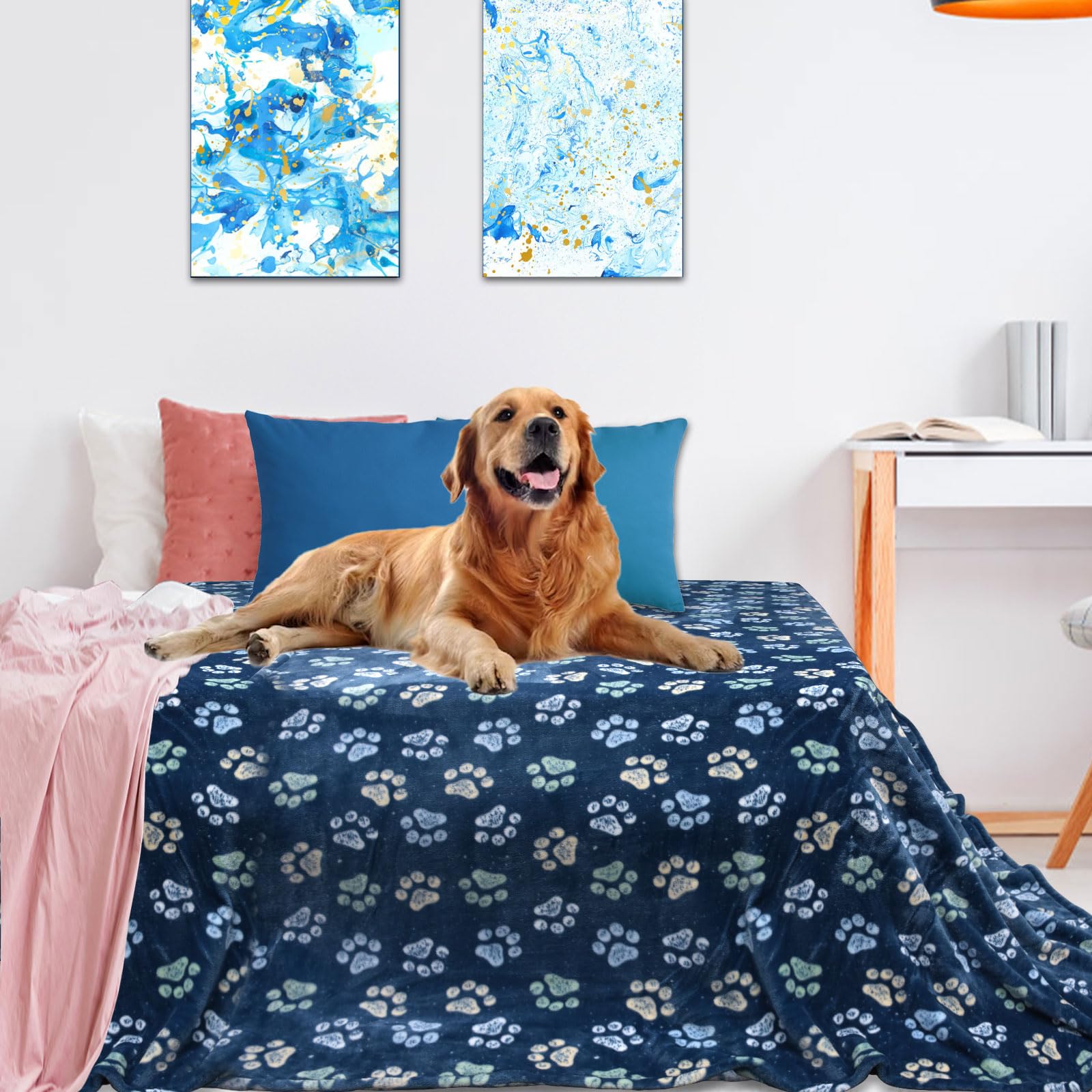 Flannel Pet Blankets for Large Dogs & Cats - Washable, Soft Mat Throw Cover for Kennel, Crate, Bed - Cute Paw Pattern - Navy Blue 60" x 80"