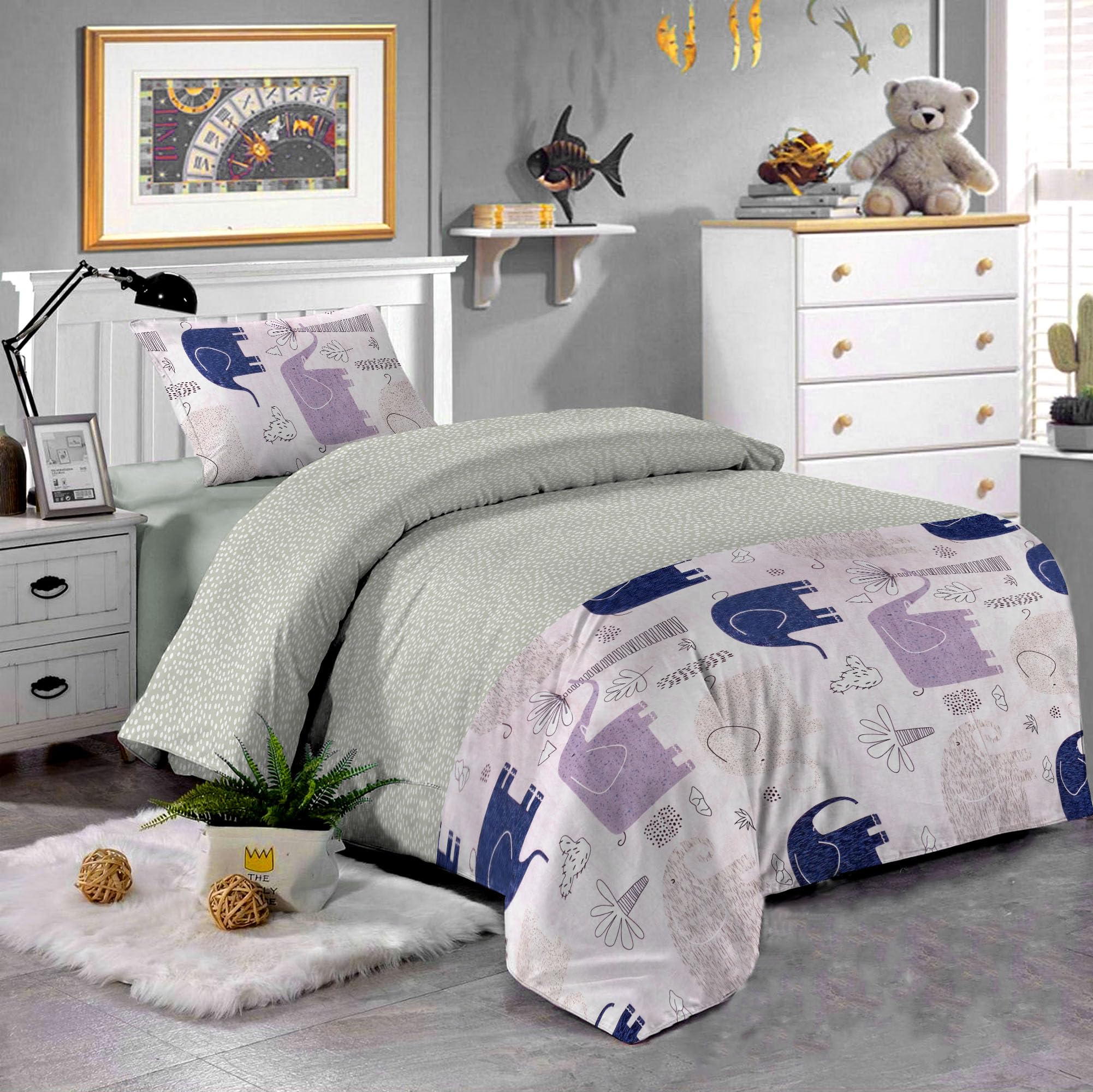 Generic Cotton Bed sheet for Kids - Cartoon Printed Bed Cover, Cozy and colorful bedsheet for Single Size Junior's Bed - Junior Size Bedsheet with Pillow Cover - Black Elephant Print - (145x225 CM)