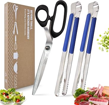 Korean Barbecue Scissors & Tongs Set - Kitchen Shears for Cutting Meat Chicken Vegetables, Clip for Cooking, Stainless Steel Non-slip Serrated Sharp BBQ Multipurpose Shears Tongs Dishwasher Safe