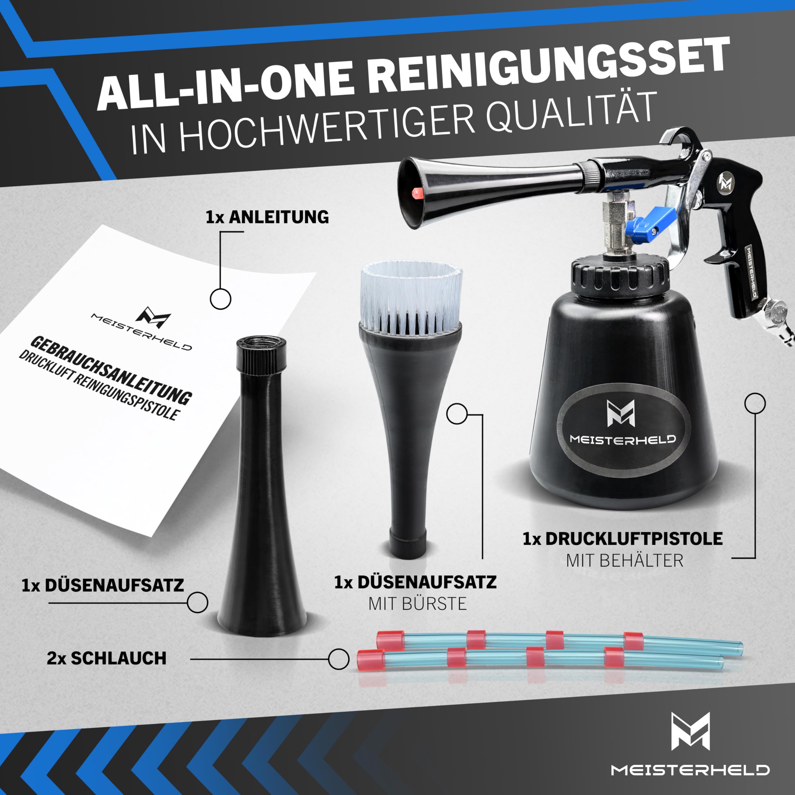 Druckluftreinigungspistole - präziser Trocken- & Nass-Reiniger für Auto, Teppich & Co - Luftdruckpistole mit Wassertank, Bürsten-Aufsatz & Dosierventile