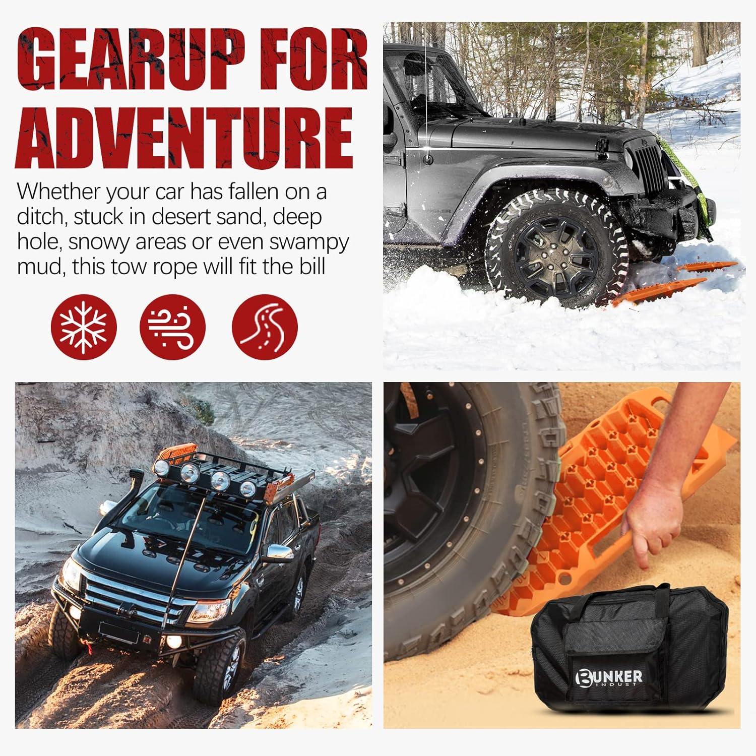 BUNKER INDUST Offroad Traction Boards with Jack Base,Multifunctional Extendable Recovery Track Tire Traction Mat Snow Mud Sand Tracks-4X4 ATV UTV SUV Truck Traction Pads with Bag, Orange (Gen 8)