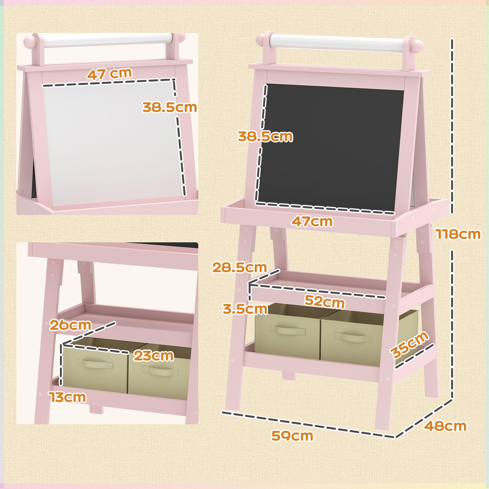 AIYAPLAY Lavagna per Bambini Cancellabile a Doppia Facciate con Rotolo di Carta e 2 Contenitori, Lavagna Magnetica Bianco, Nero con Cavalletto Artistico in Legno per Pittura e Regalo, 3-6 Anni, Rosa