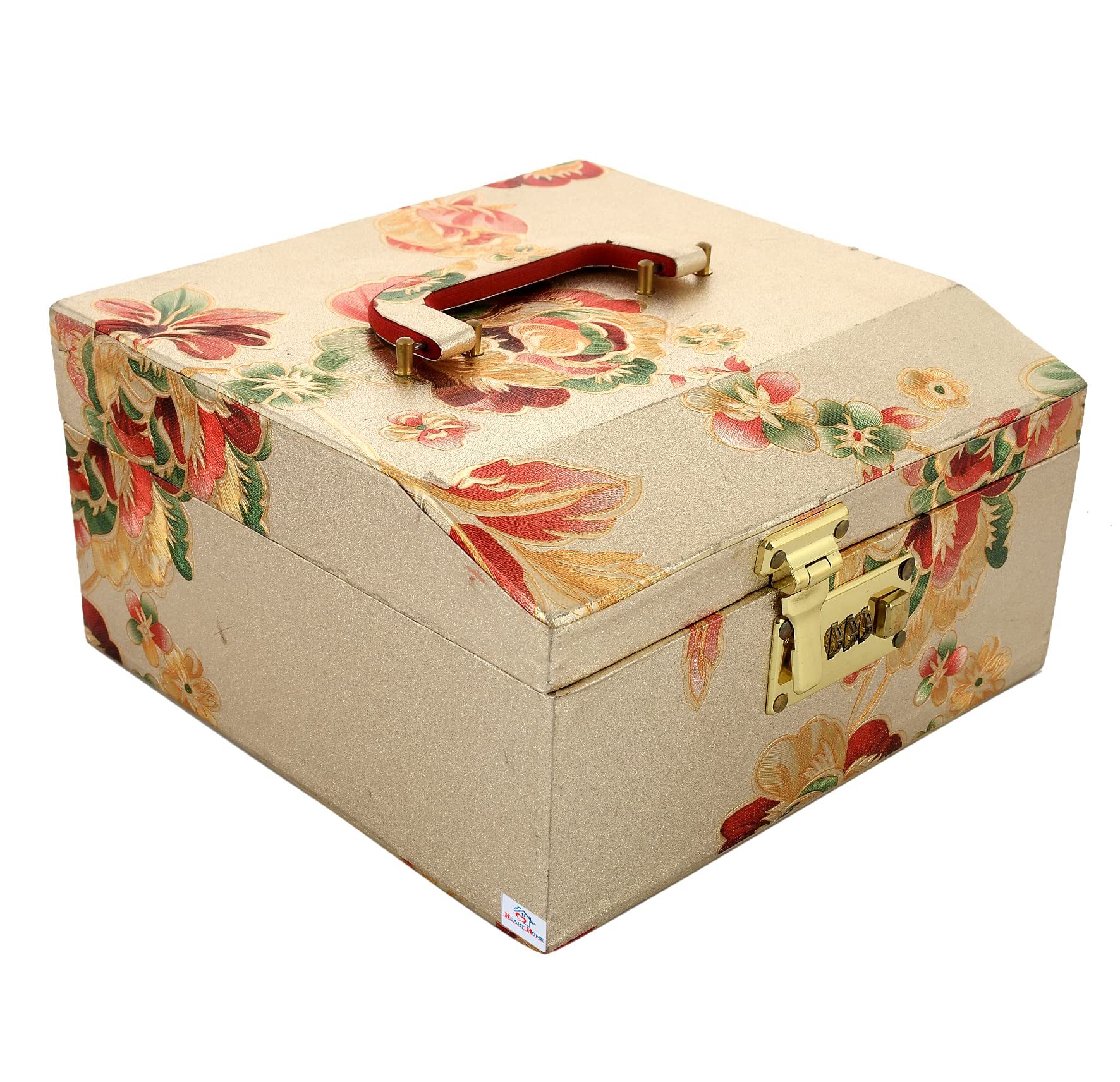 Heart Home Faux Leather Leaf Design Vanity Box, Jewellery Box, Bangle Box, Travel Makeup Box For Women, Bride With Number Lock System&Mirror (Gold)-Hs_38_Hearth20948