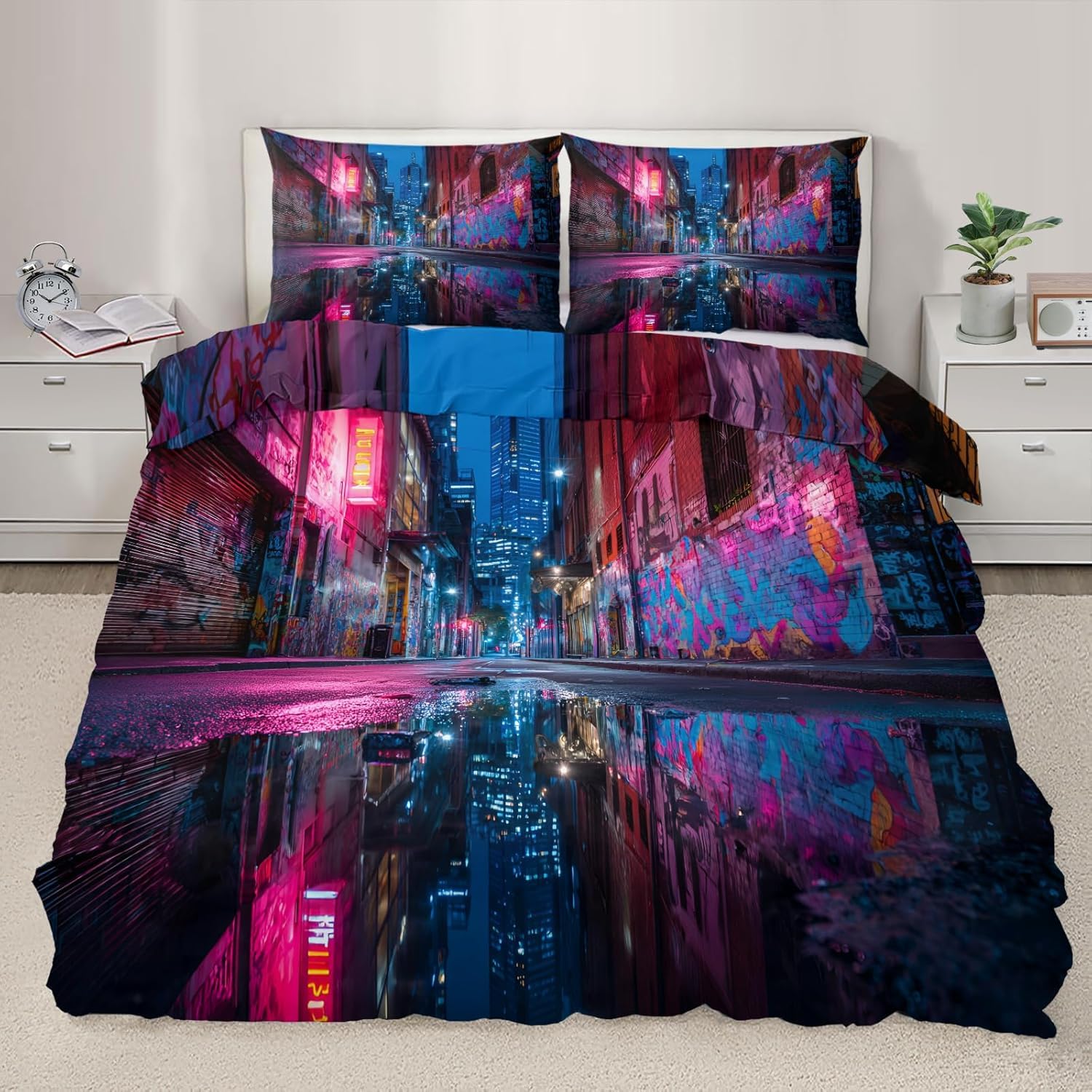 NDXRWDZR Double Duvet Cover Set City Street Duvet Cover with Zipper Closure Bedding for Aldults Kids Soft Hypoallergenic Microfiber Quilt Cover 200x200 cm + 2 Pillowcases 50x75 cm