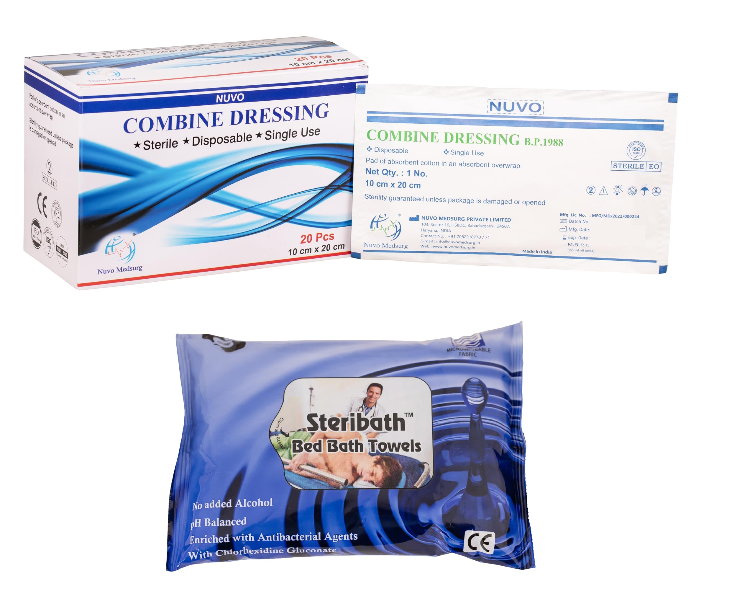 NUVO MEDSURG E.T.O Sterile Combine Dressing Pad 10Cm x 20Cm - Packing Box of 20 Pieces (Pack of 2)