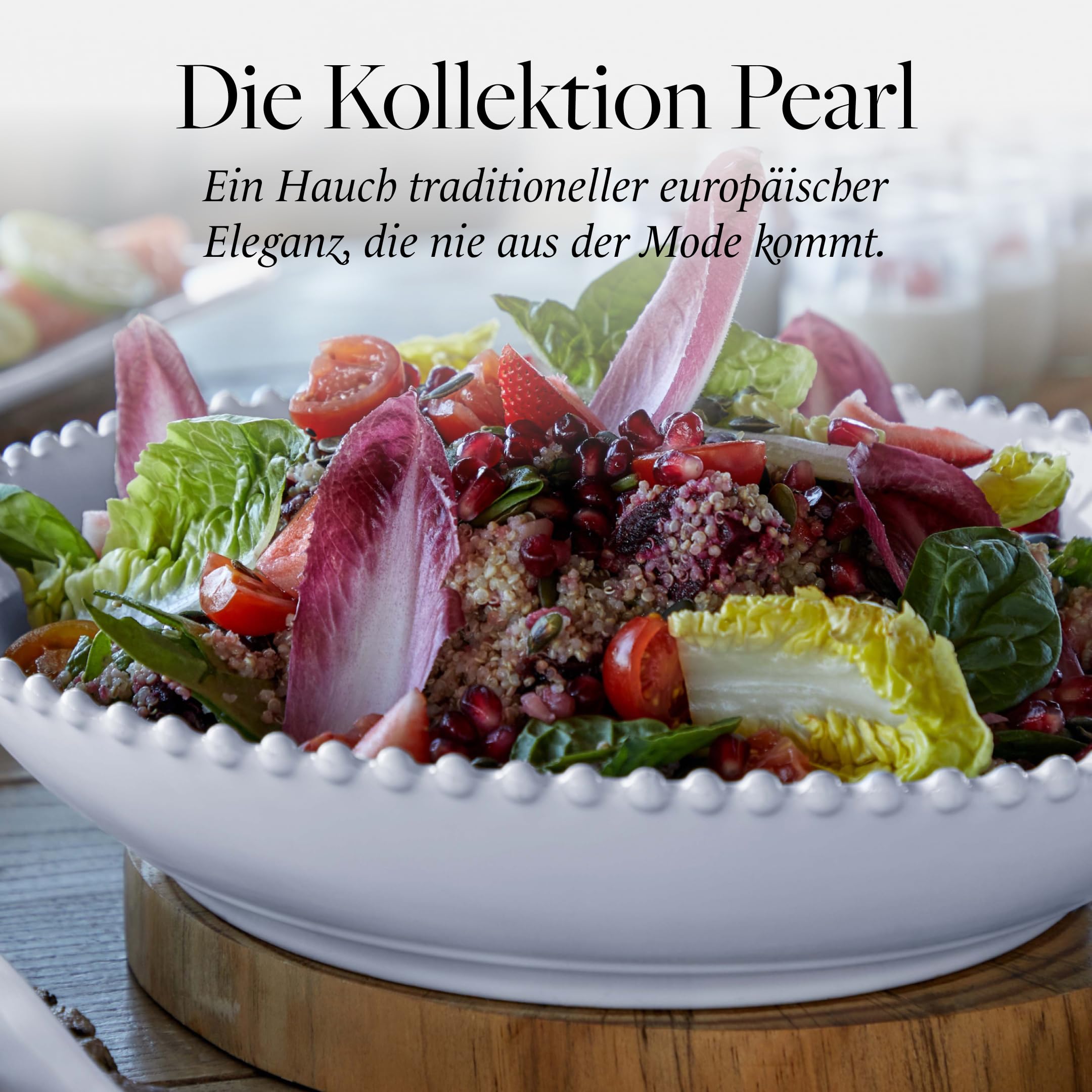 Costa Nova Salatschale Pearl: Steinzeug-Servierschüssel mit glänzender Glasur, Handgemalter Rand, Spülmaschinen-, Mikrowellen-, Ofen- & Gefrierfest, Stapelbar, Handveredelt, Weiß, Ø 34,1 cm