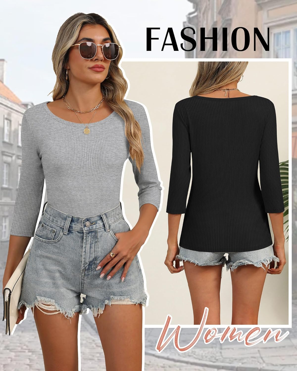 Huukeay 3 Pack Women's Ribbed 3/4 Sleeve Shirts, Scoop Neck Slim Fit Tops Summer Stretchy Casual Base Layer Basic Tee Blouses - Image 7