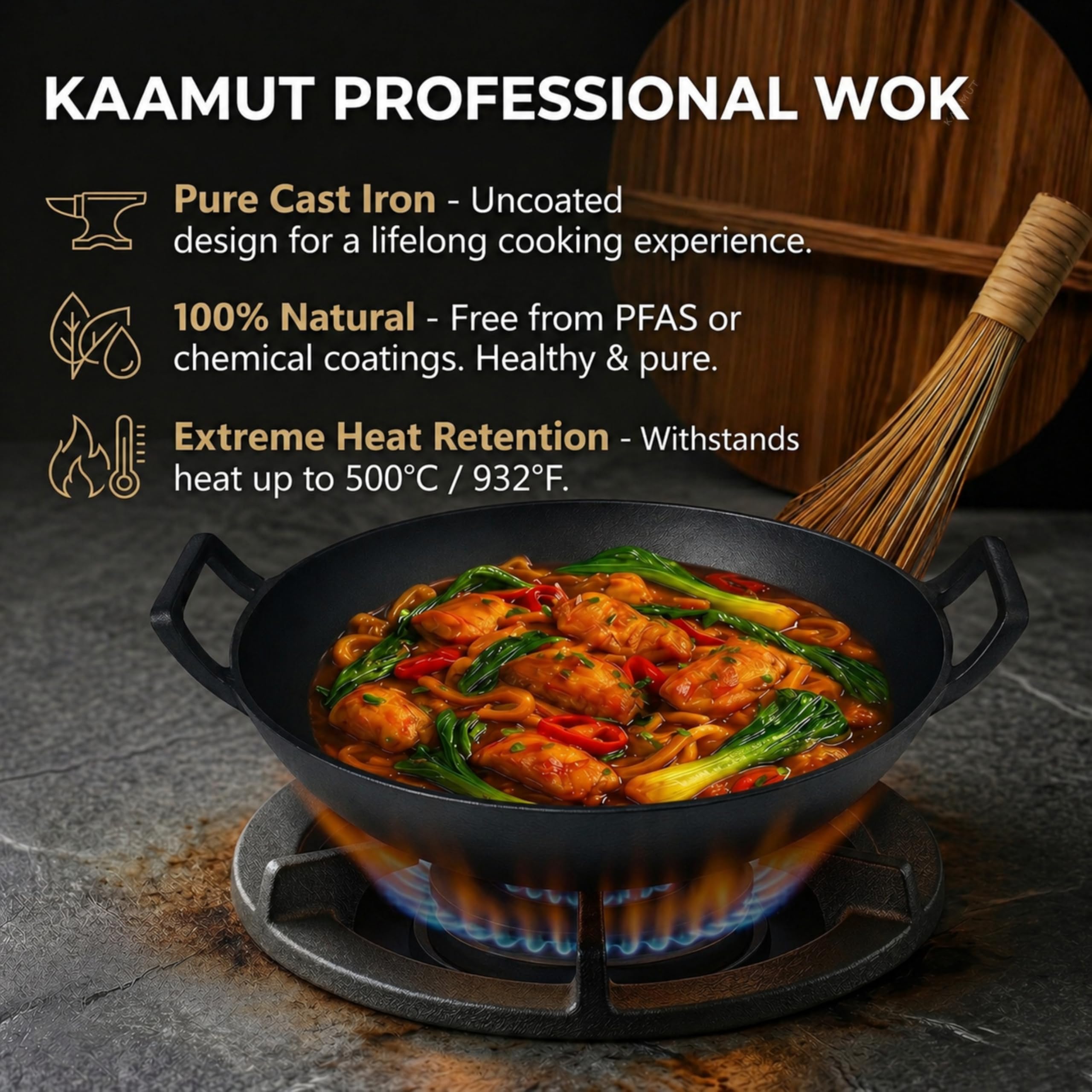 Professioneller Wok Wadjan Ø36 cm – Gusseisen – Mit Holzdeckel & Bambus-Wokbürste – Für alle Wärmequellen geeignet