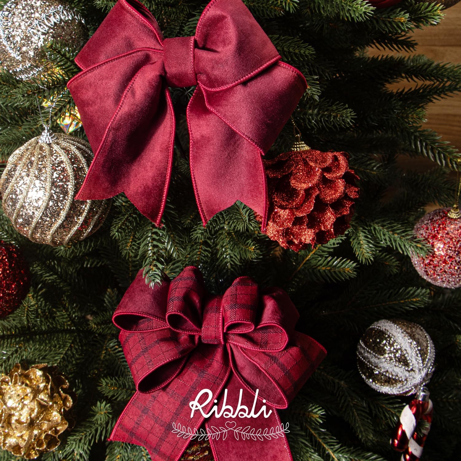 Ribbli Dark Red Velvet Wired Ribbon with Plaid 2.5 Inch Reversible Christmas Ribbon for Gift Wrapping Christmas Tree Decoration Crafts Wreaths Supplies-Continuous 10 Yards