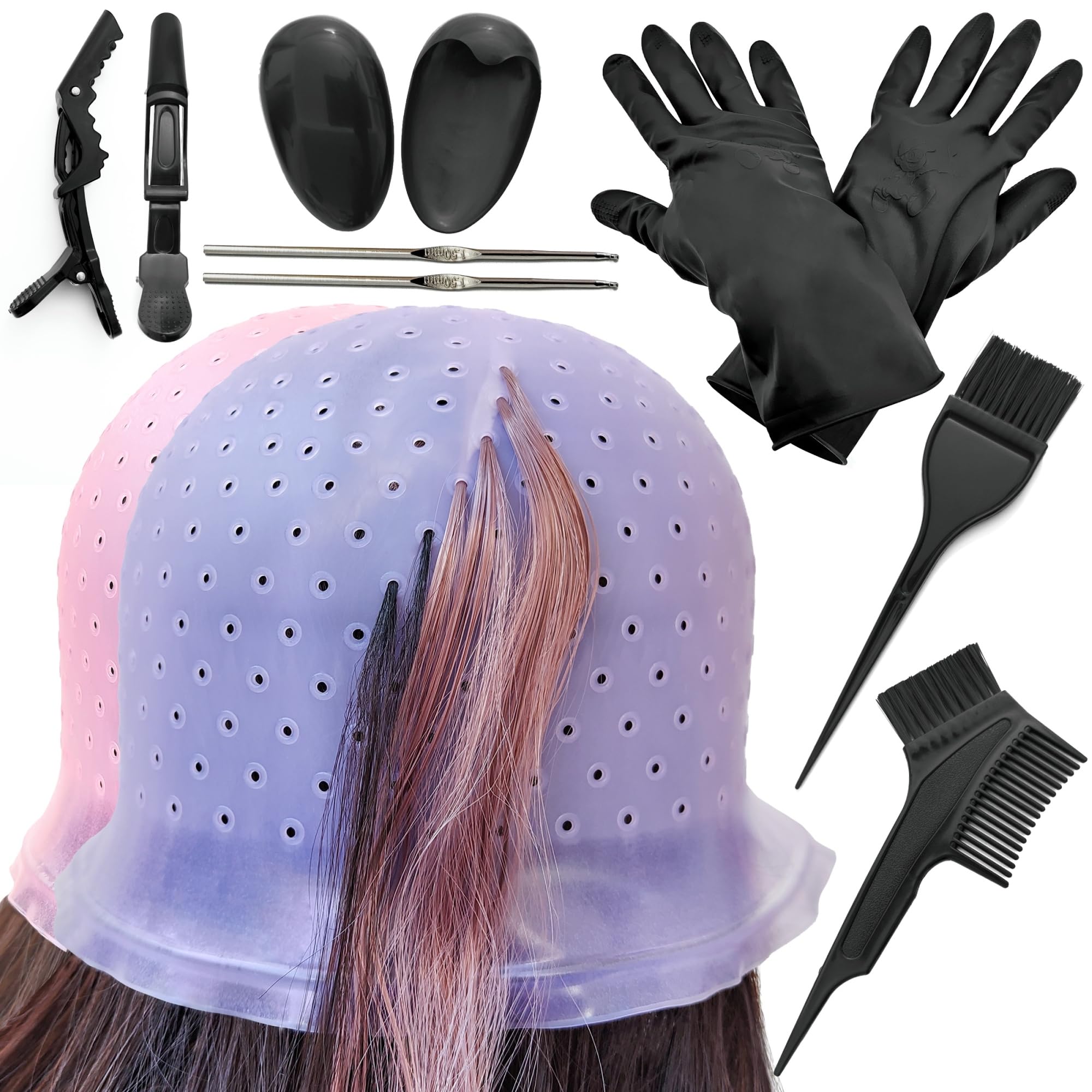 Losaria 12 Pcs Hair Highlighting Kit Highlighting Cap with Holes Pre Punched Hair Frosting Cap DIY Beauty Salon Hair Bleaching Tools Kit Dye Cap Dye Brush Dying Comb Gloves Ear Covers Hair Clips