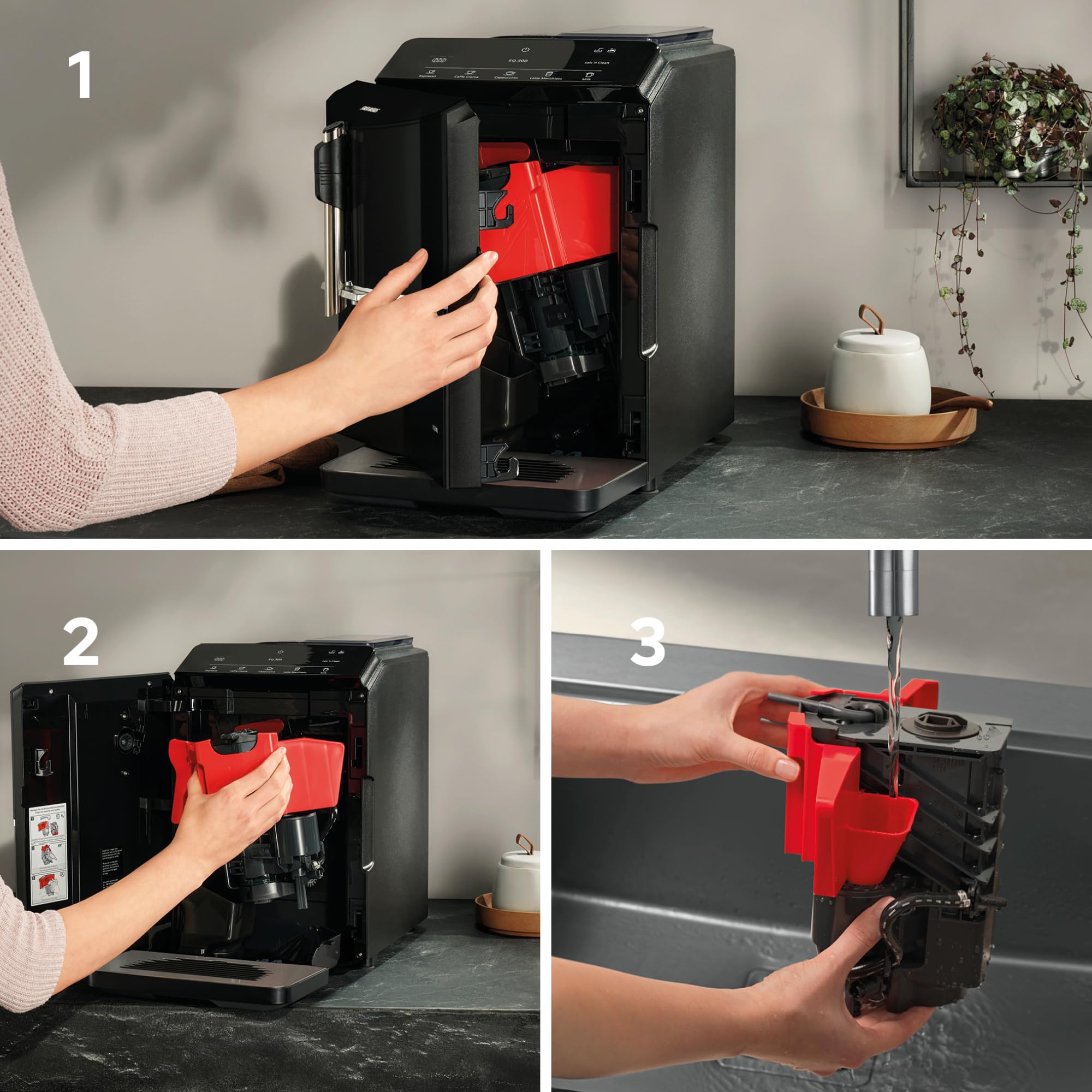 Siemens Kaffeevollautomat EQ300, Milchaufschäumdüse für Cappuccino, Latte Crema, 5 Kaffee- und Milchgetränke auf Knopfdruck, entnehmbare Brüheinheit, einfache und schnelle Reinigung, Schwarz, TF301E19