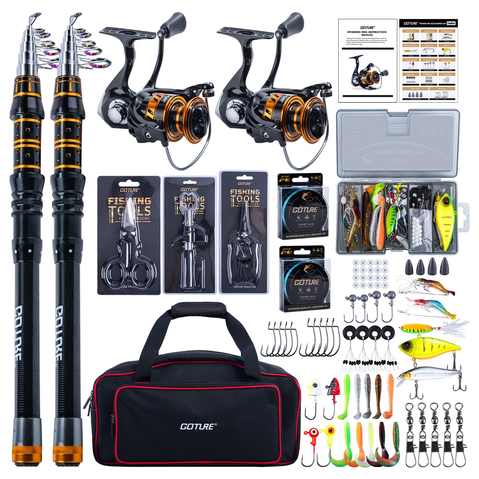 Goture Set da pesca con 2 canne da pesca telescopiche, set completo 2 5.2:1 mulinello (9+1 cuscinetto), filo, scatola per esche e borsa per il trasporto, per acqua salata/dolce, regalo da viaggio