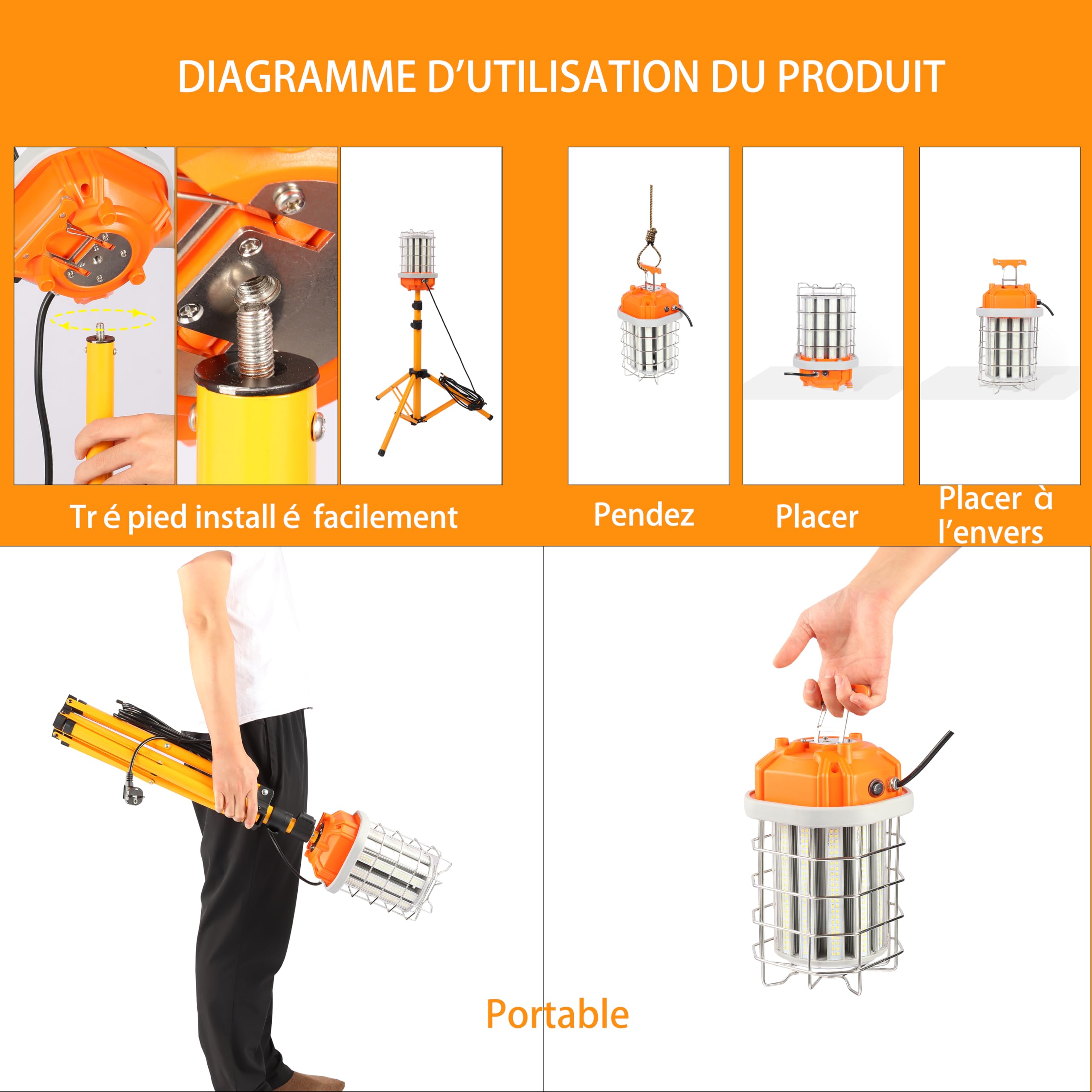 100w Projecteur de Chantier sur Trépied,14000 lumens, Lumière à 360 degrés.Utile pour l'entrepreneur et la famille. Également utilisé pour un événement extérieur/Party (100W 14000lm)