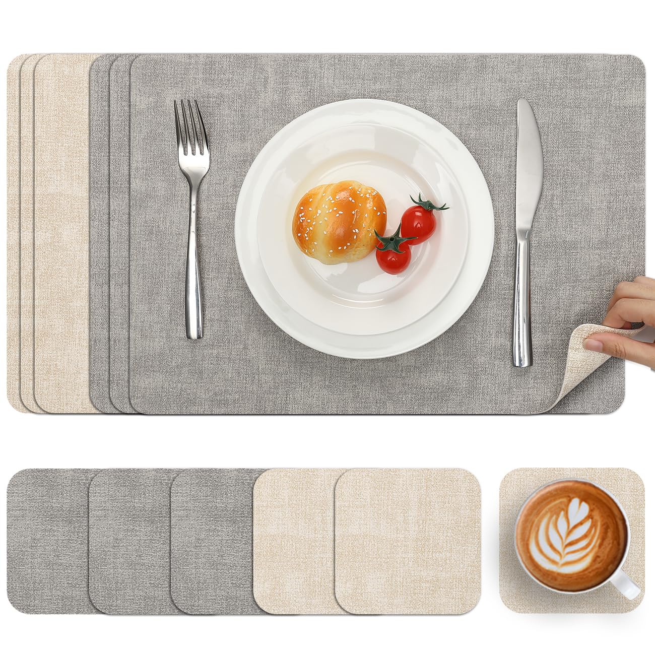 Myir JUN Reversible Vinyl Placemats and Coasters Set of 6, Faux Leather Place Mats Dual Sided Waterproof, Heat-Resistant Table Mats for Kitchen Indoor Outdoor (12" x 17", Light Grey Cream-White) โ image 1