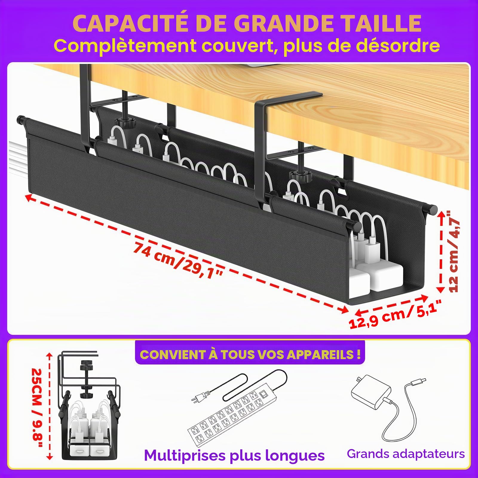 REFLYING Câbles Management de 74cm, Range Câbles Bureau sans Perçage, Cache Câbles à Pince Réglable, Boite Rangement Câbles pour Table Debout, Passe Câbles pour Bureau ou Maison, Noir