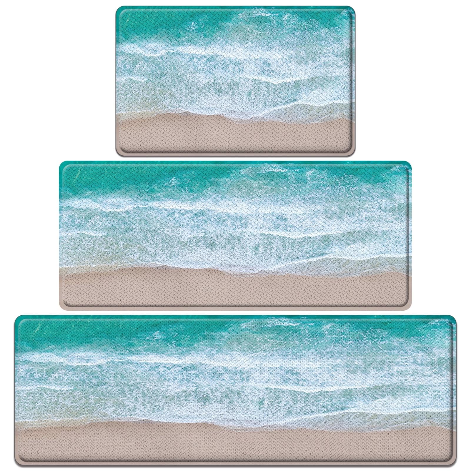 Arttown Anti-Fatigue Kitchen Rug Set of 3, Waterproof Non-Slip, Beach Ocean