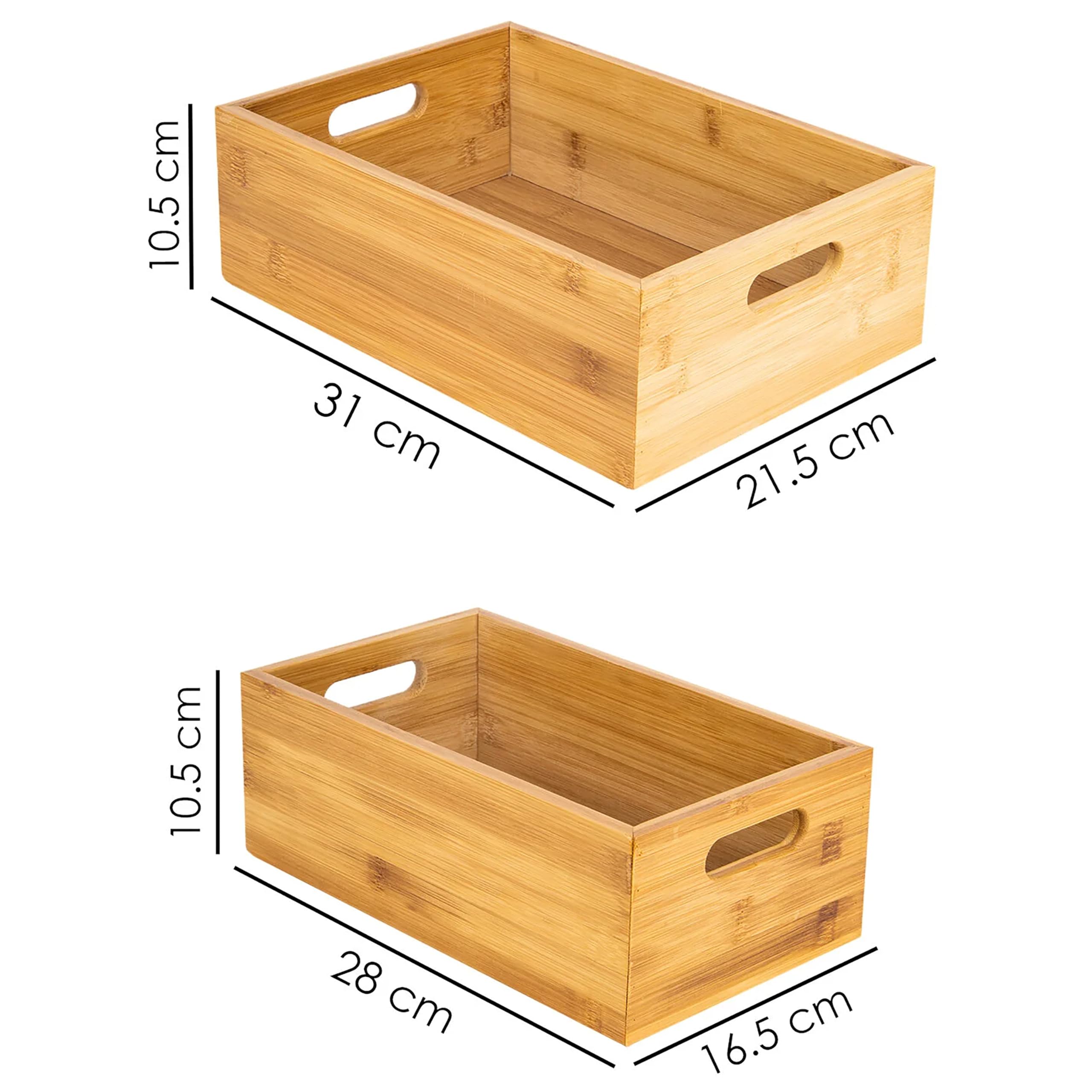 Promosyonca Bambu Organizer Kutusu 2'li Set, Doğal Bambu Saklama Kutuları, Tutma Kulplu, Çok Amaçlı Düzenleyici, 31x21.5x10.5 cm ve 28x16.5x10.5 cm