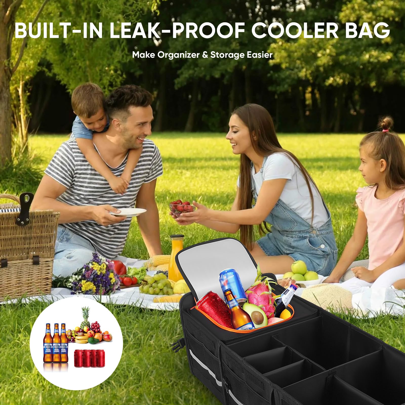 XXXL Rangement Coffre de Voiture, 115L Pliable Organisateur avec 6 Compartiments et Couvercle, 24L Sac Isolant Amovible, Fond Antidérapant et Poignées, pour SUV Camion Camping Quotidien, 89x36x31cm