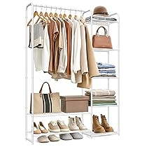 SONGMICS Appendiabiti, Armadio Aperto, Asta Appendiabiti, Portabiti con Ripiani Portaoggetti, Guardaroba in Metallo, Autoportante, Bianco Opaco LGR462W01