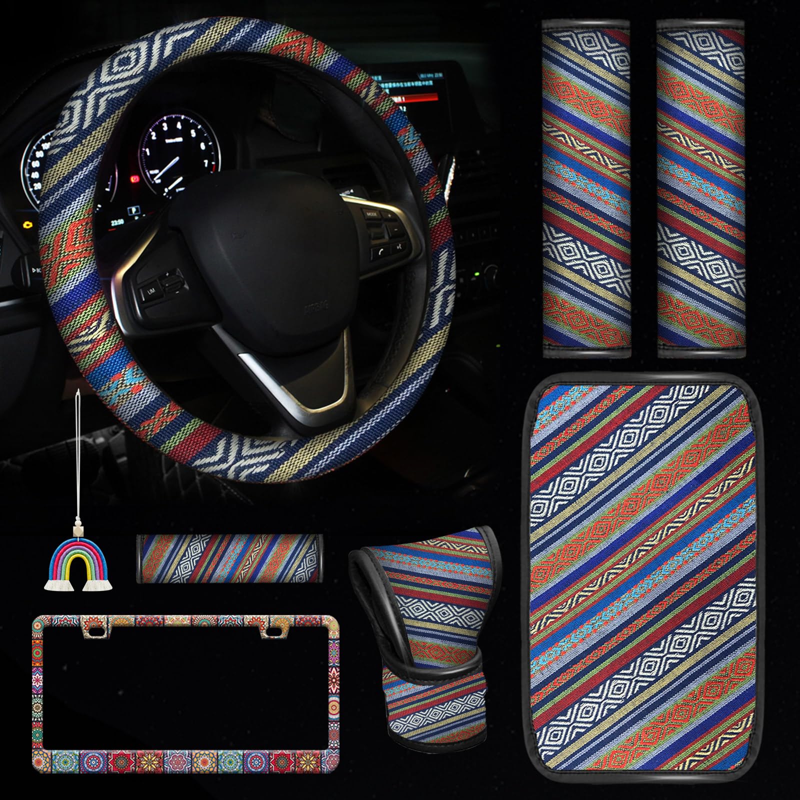 JINGSEN Boho Steering Wheel Covers for Women，Baja Blanket Ethnic Style Car Steering Wheel Cover Universal Fit 15 Inch Car SUV,Boho License Plate Frame Other Car Interior Accessories(Blue)