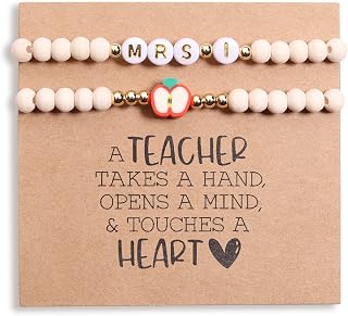Personalized Teacher Bracelet for Women, 2 Pcs Initial Mrs Miss Ms Teacher Appreciation Gifts With Card From Student Friends, Thank You TEACH Gift for Women