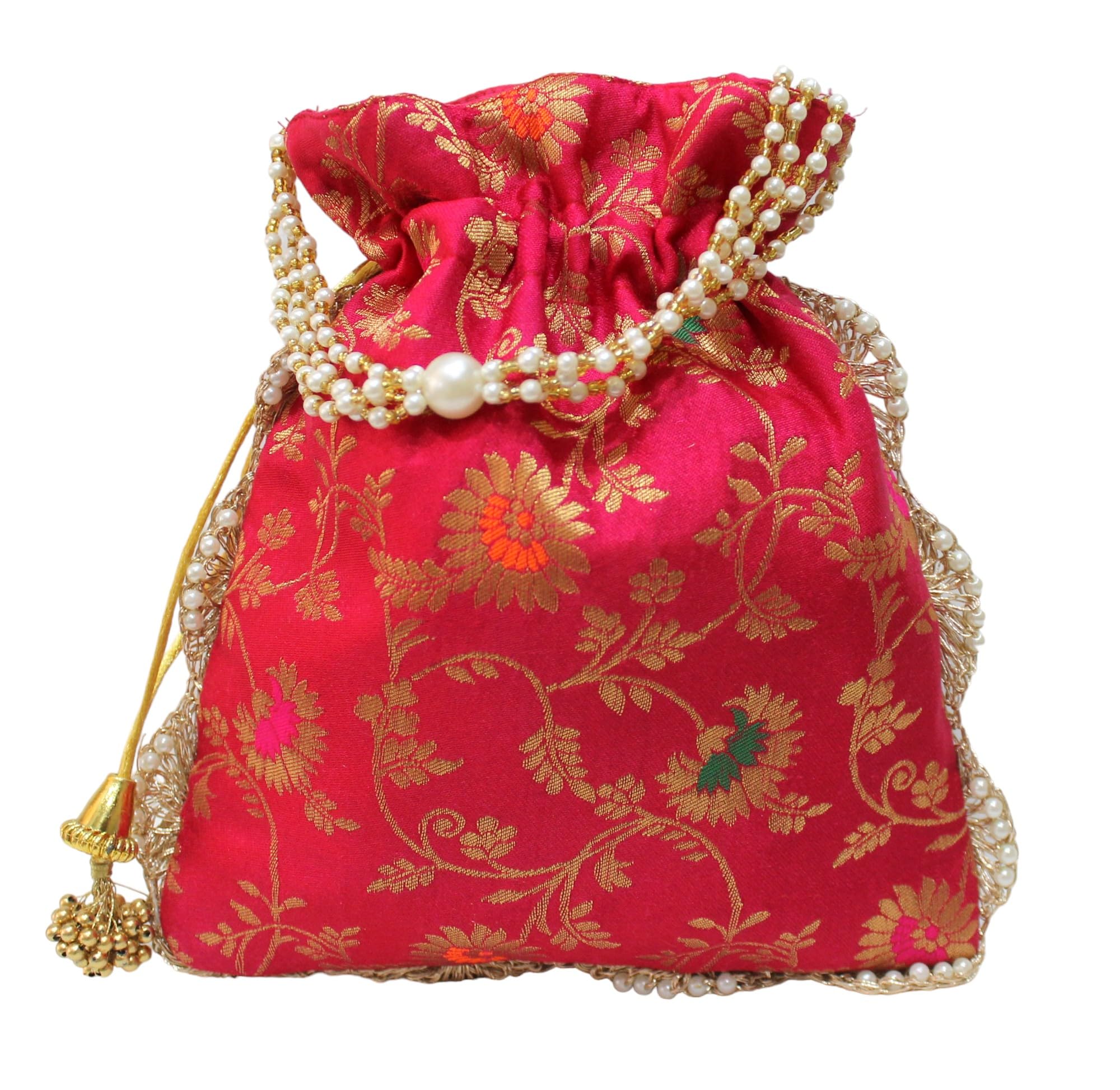 MILANS CREATION Banarasi Floral Brocade Potli Bag With Pearl Handle & Tassel Ethnic Wedding Purse Women’s Handbag (Pink) (B0D6BV8Q2P) Amazon Price History, Amazon Price Tracker
