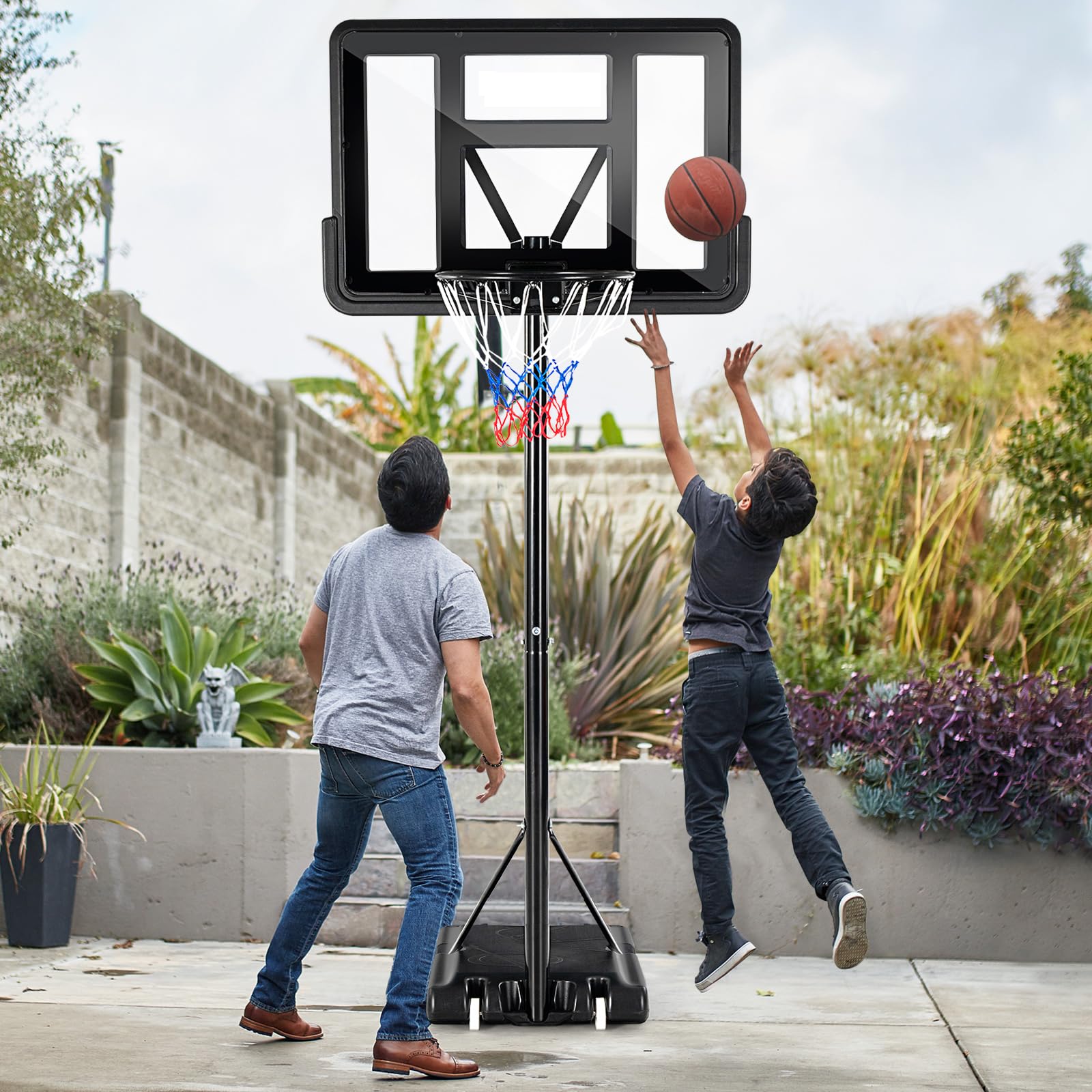 GYMAX Panier Basket Extérieur pour Enfants Adultes, Hauteur Réglable 130-305CM, Mobile Portable avec Roues, Base Stable Remplissable, Panneau Anti-bris