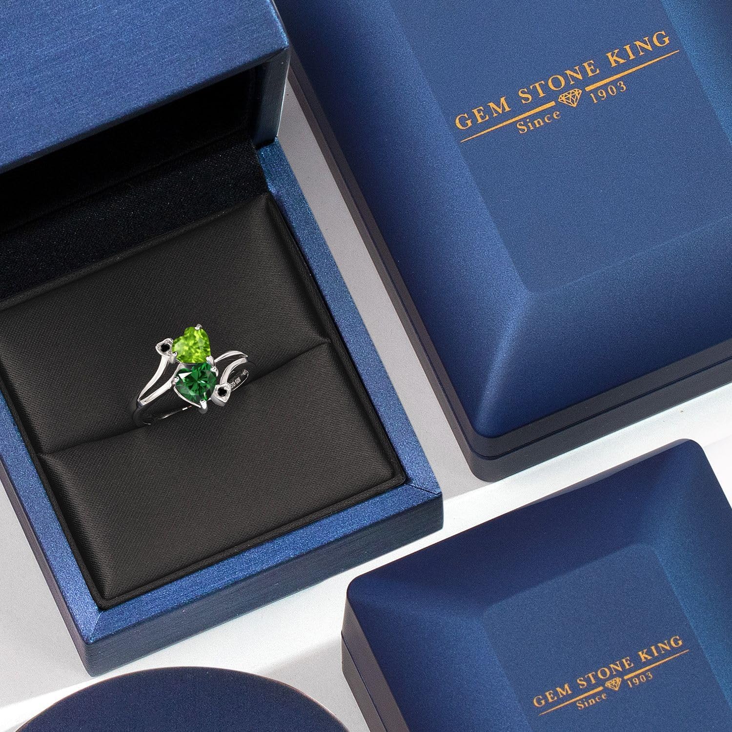 Gem Stone King 1.54 Cttw Green Peridot Green Nano Emerald and Black Diamond Ring For Women | 925 Sterling Silver | Heart Shape 6MM | Wedding Engagement Anniversary Promise Ring For Women