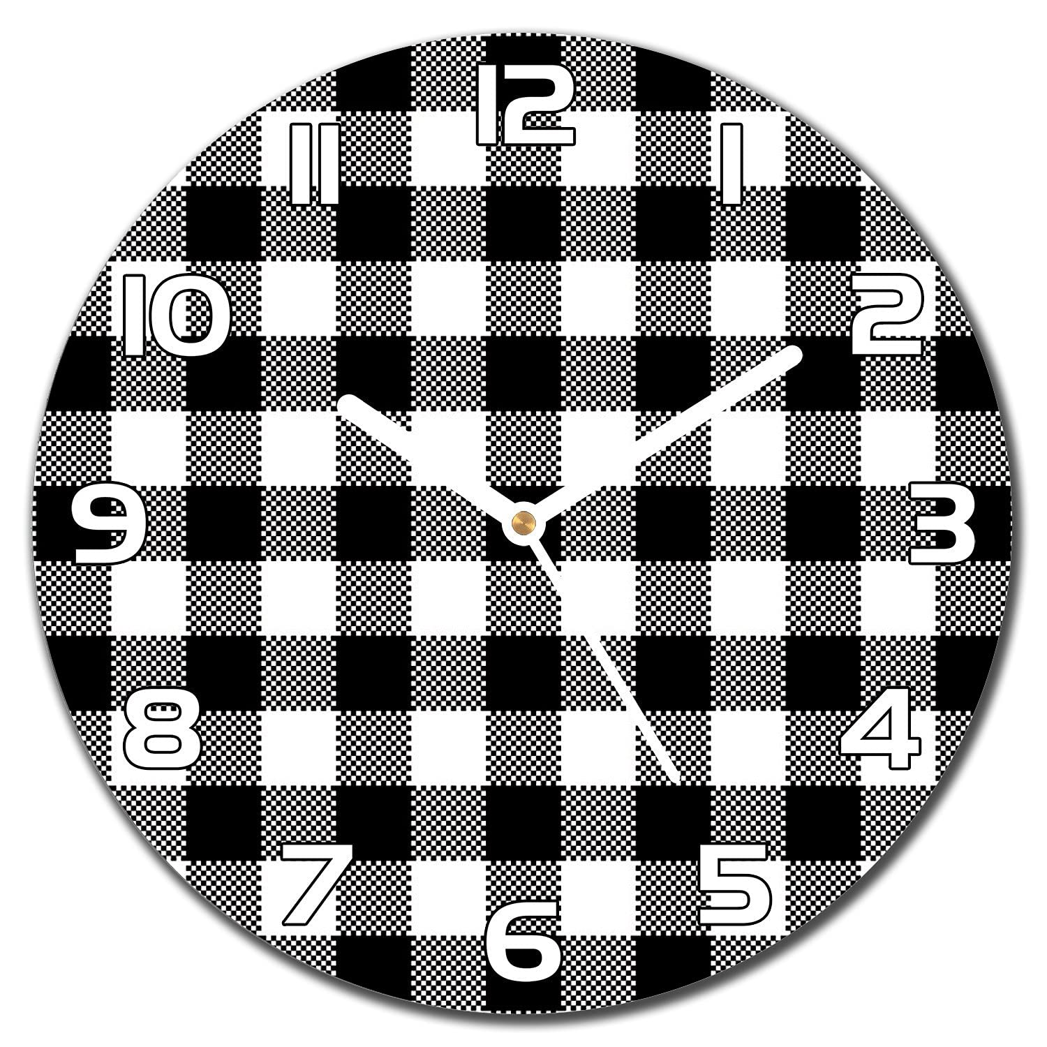 Horloge en verre 30 cm imprimée motif gingham chèque avec aiguilles blanches