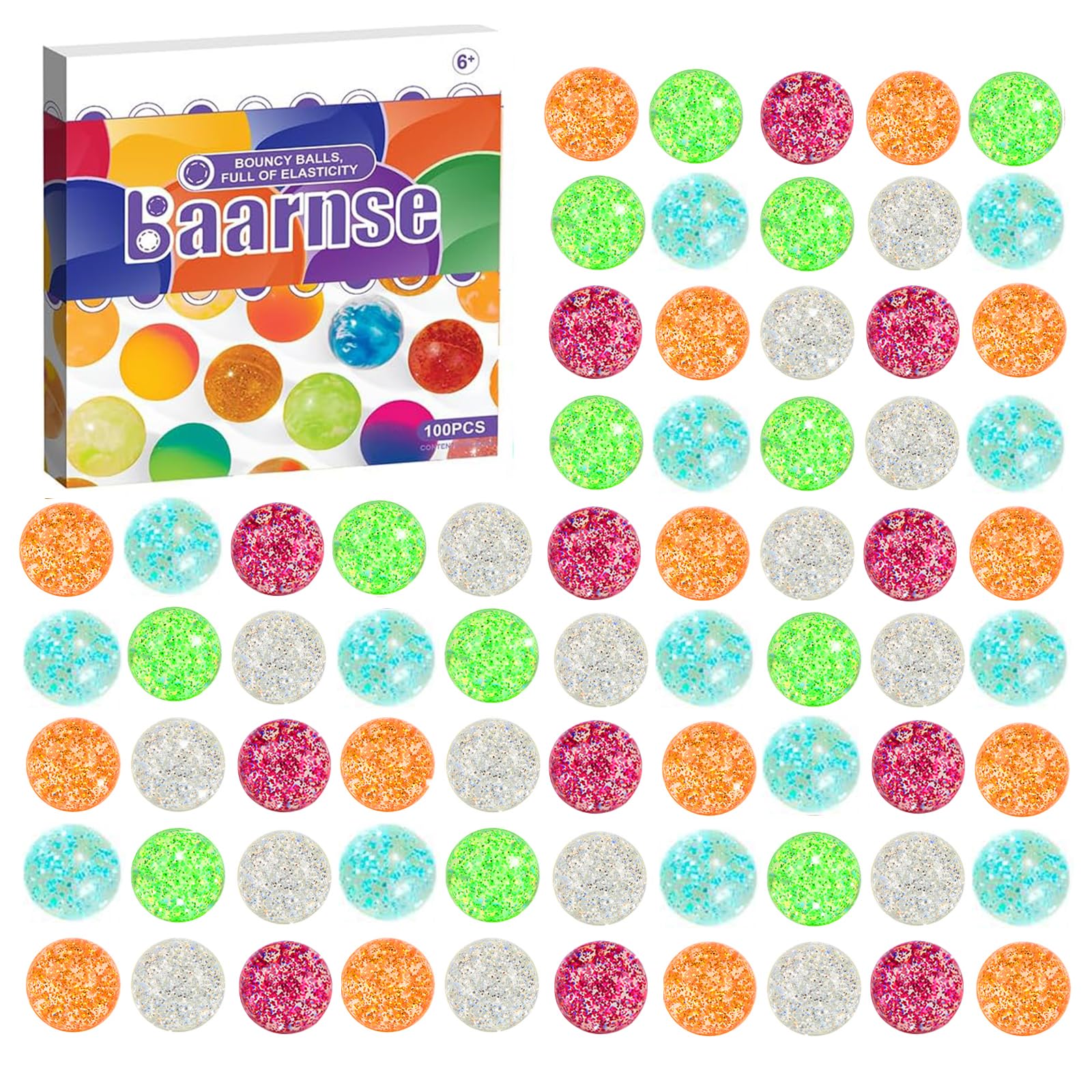 100PCS Small Glitter Bouncy Balls for Kids 5 Assorted Colors Mini Rubber Bounce Balls Bul…
