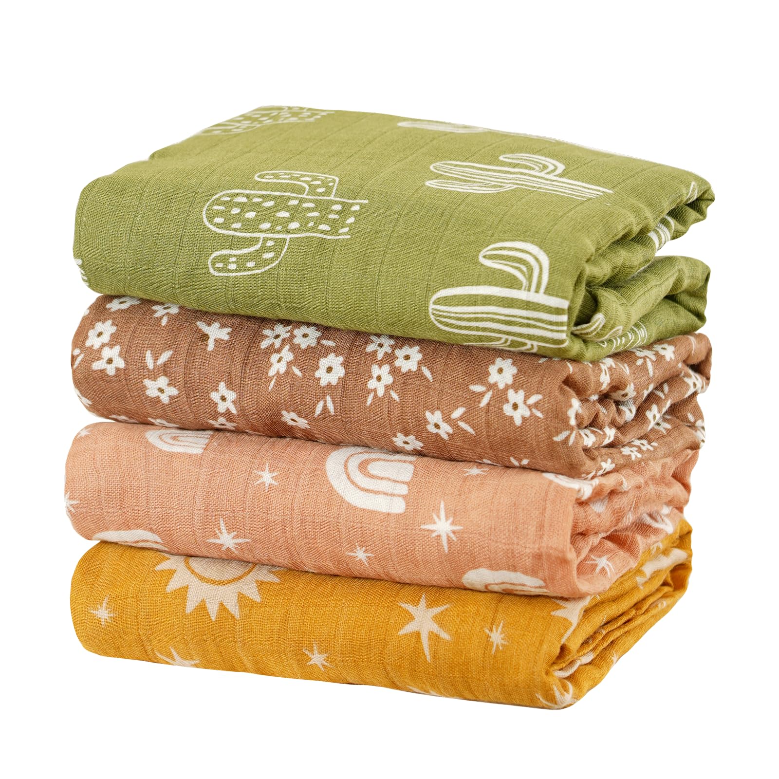 CoolaPeach 4 Set Muslin Swaddle Blankets for Newborn Baby Boys, Girls,Receiving Blankets-Cute Soft Print Baby Towel Wrap 120x110cm Baby(Cactus)