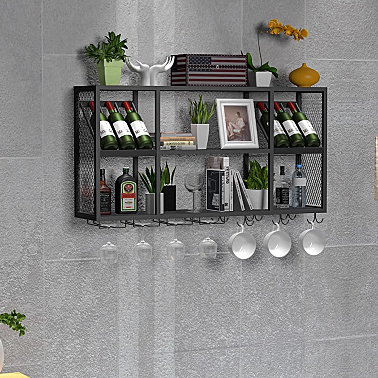 Botellero Pared Vino Botellero de Hierro, Botellero Lacado Simple Multifuncional, Botellero Vino Metal con Portavasos Colgante para Cocina Hogar Bar(White,120 * 25 * 60cm)
