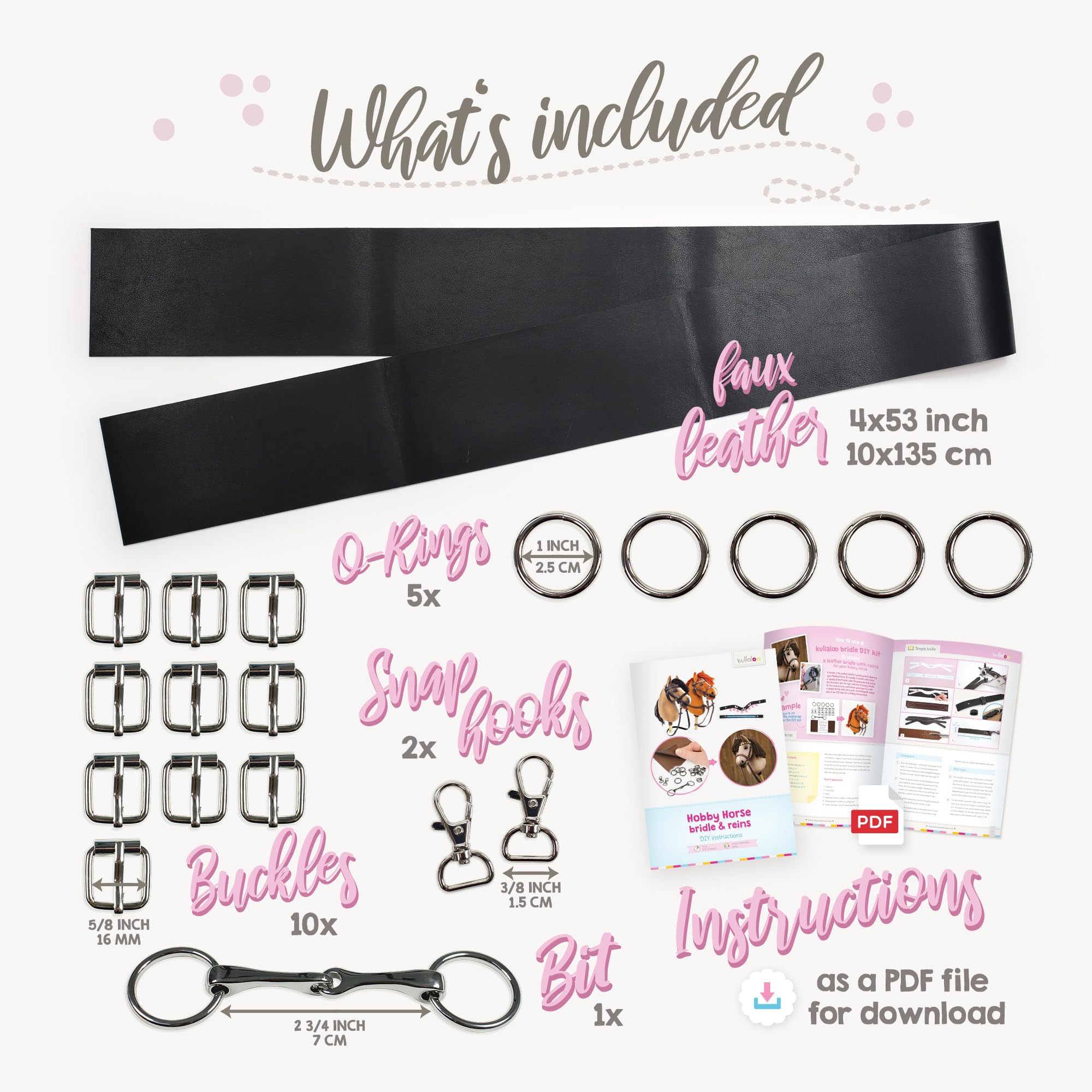 kullaloo Kit de bride de cheval DIY ✦ Faites une belle bride en cuir avec des rênes pour votre cheval bâton ✦ Instructions incluses ✦ Noir/argent