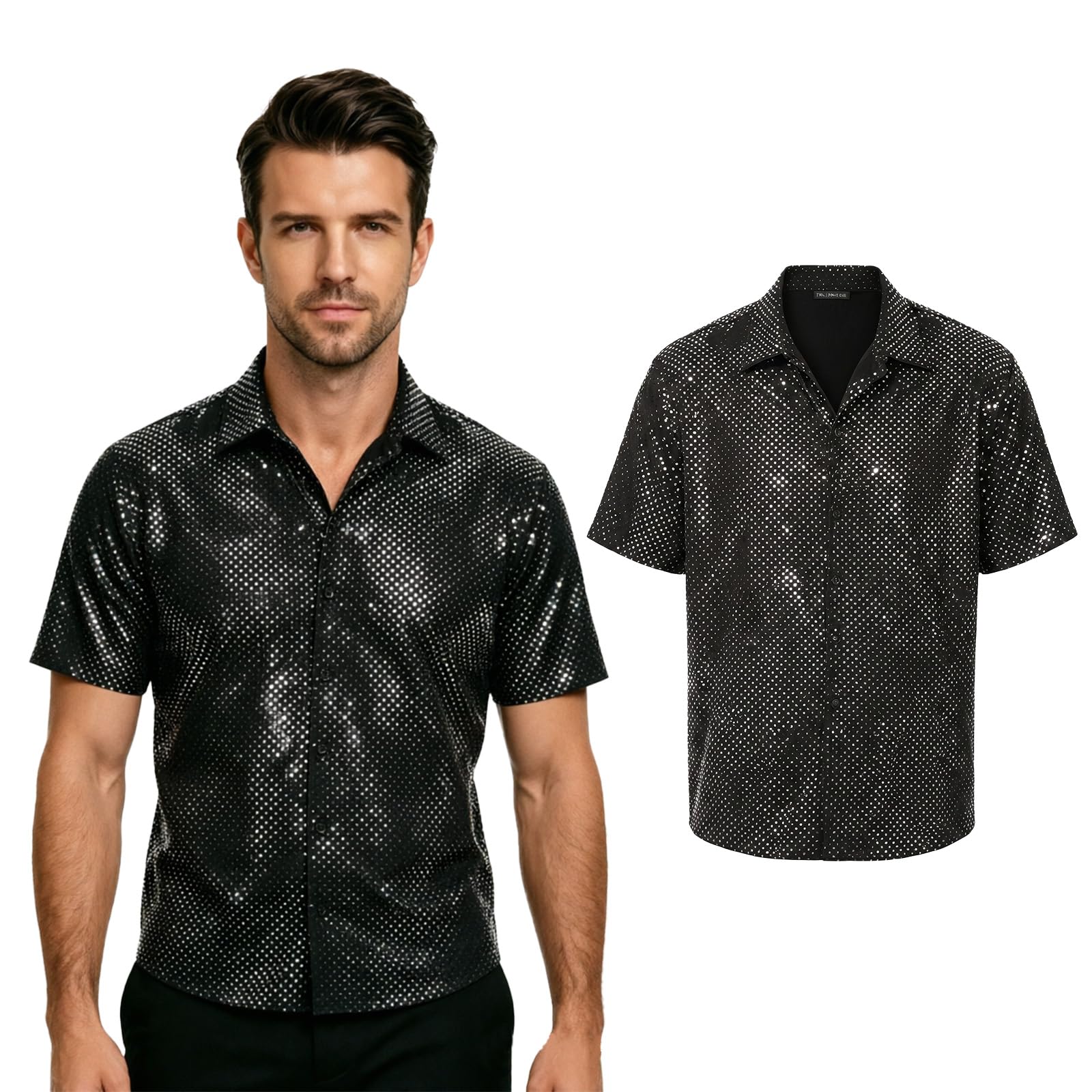 Crubelon Men's Sequin Short Sleeve Shirt Retro Disco Party Shirt Shiny Stage Performance Top for 70s Theme Events (Black, XL)