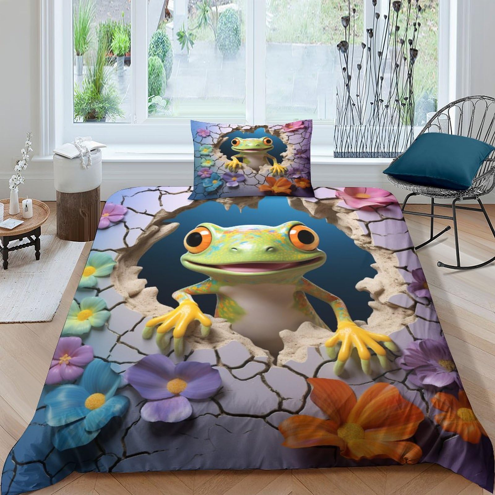 Parure de lit lézard coloré pour enfant avec housse de couette en microfibre 135x200cm