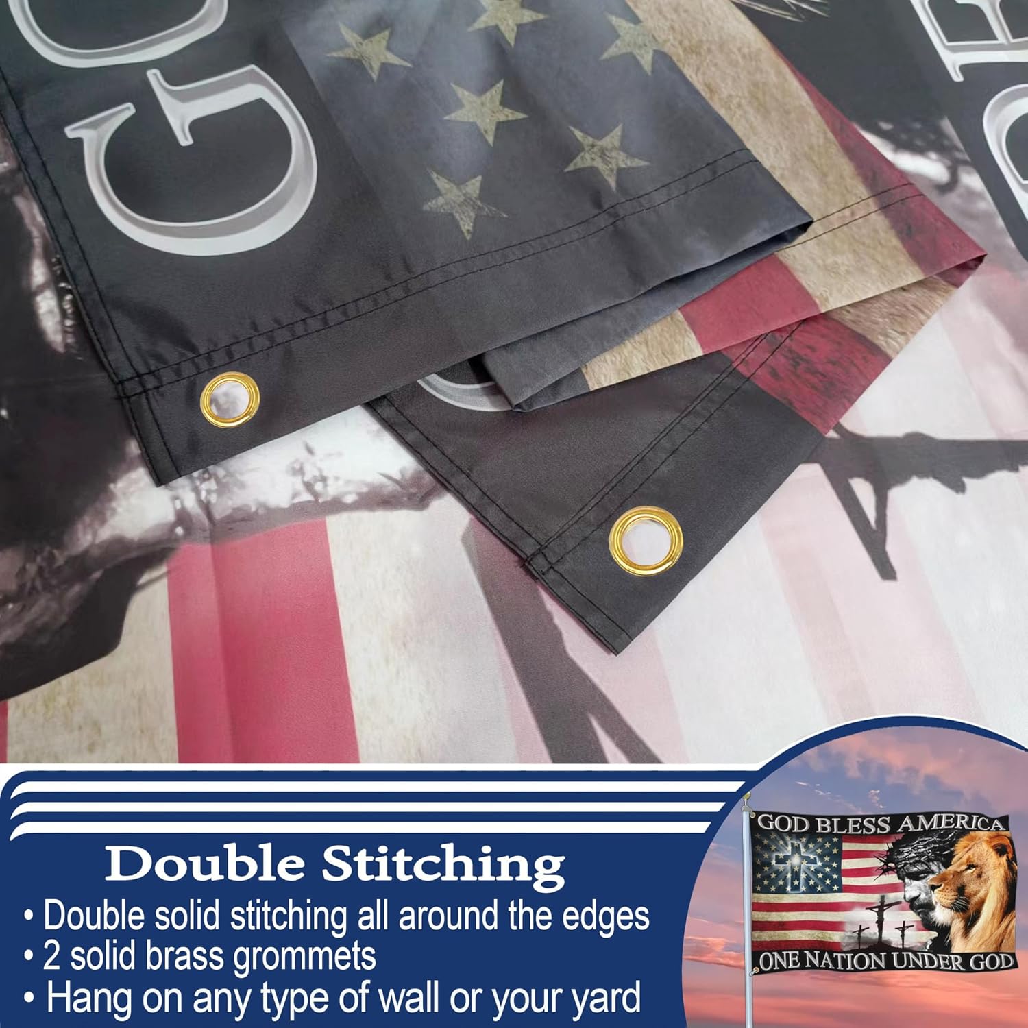 3 Ply One Nation Under God Flag 3x5 Ft Patriotic God Bless America Christian Jesus Yard Flags for Outside Double Sided 4th of July Banner Outdoor House Decorations