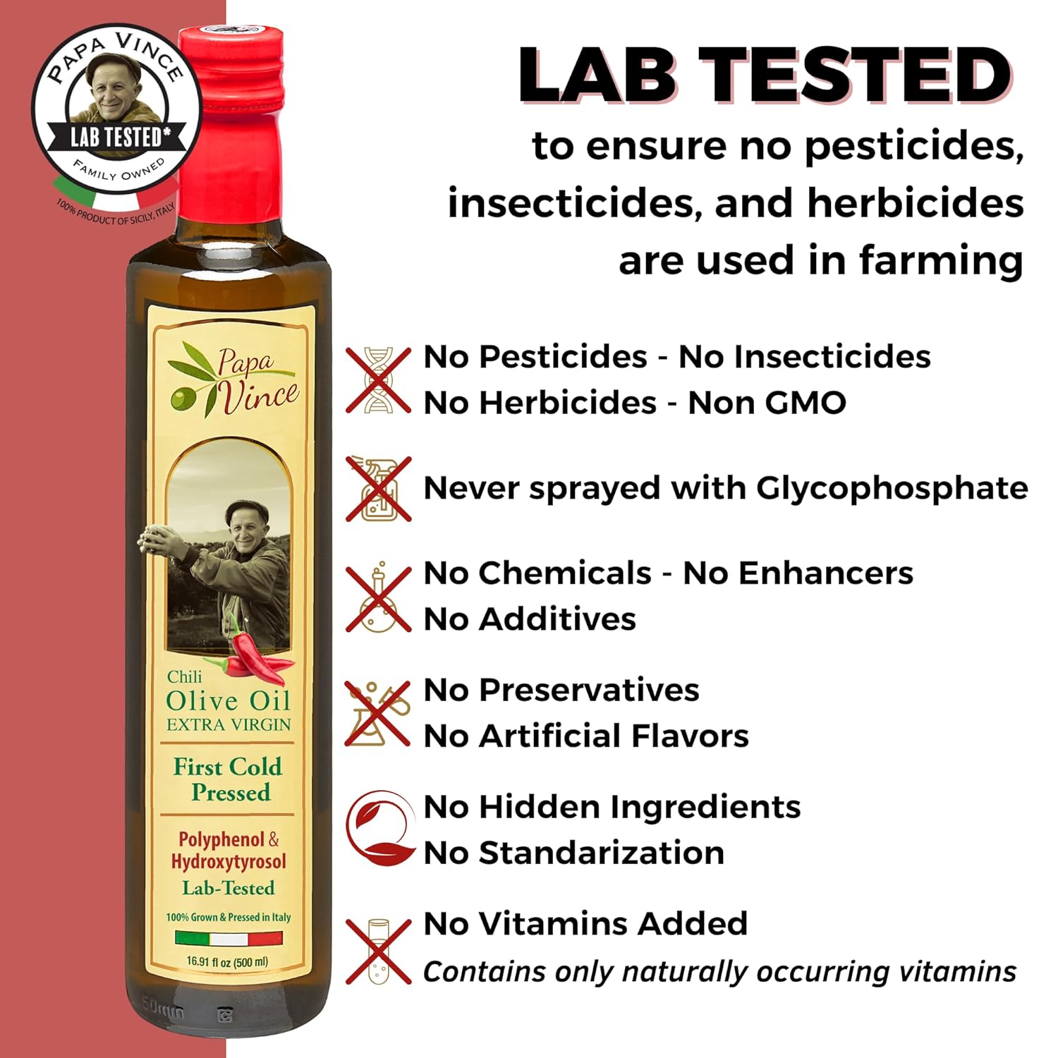 Papa Vince Olive Oil Extra Virgin - First Cold Pressed, Polyphenol Rich Olive Oil (EVOO). Chili Pepper Agrumato, Unfiltered, Single Sourced, Glass Bottle, Family made, Sicily, Italy - Image 6