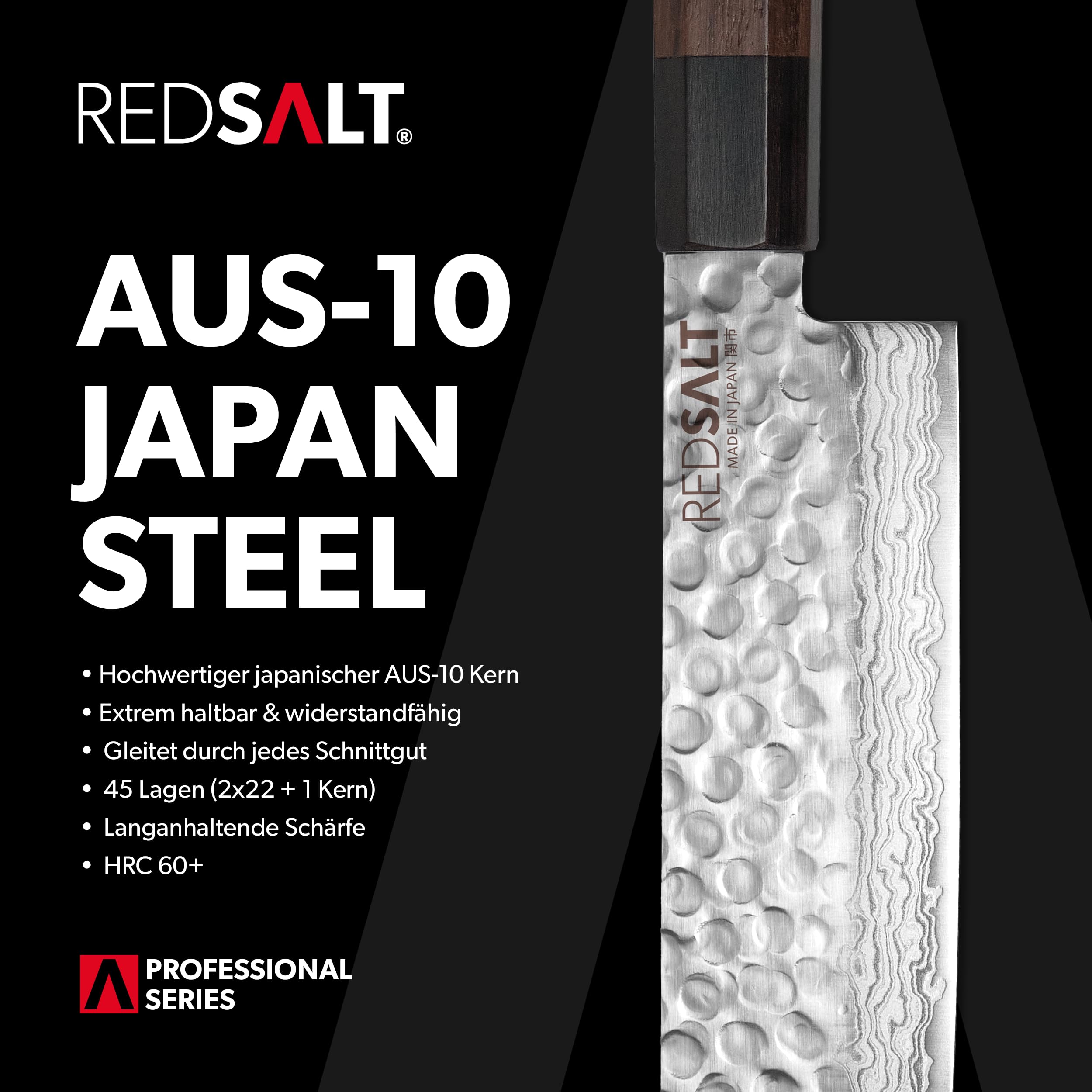 REDSALT® Professional Series NAKIRI 菜切 16cm coltello da cuoco damasco fatto a mano in Giappone | Coltello da chef professionale extra affilato in acciaio inox lama martellata | Coltello da cucina