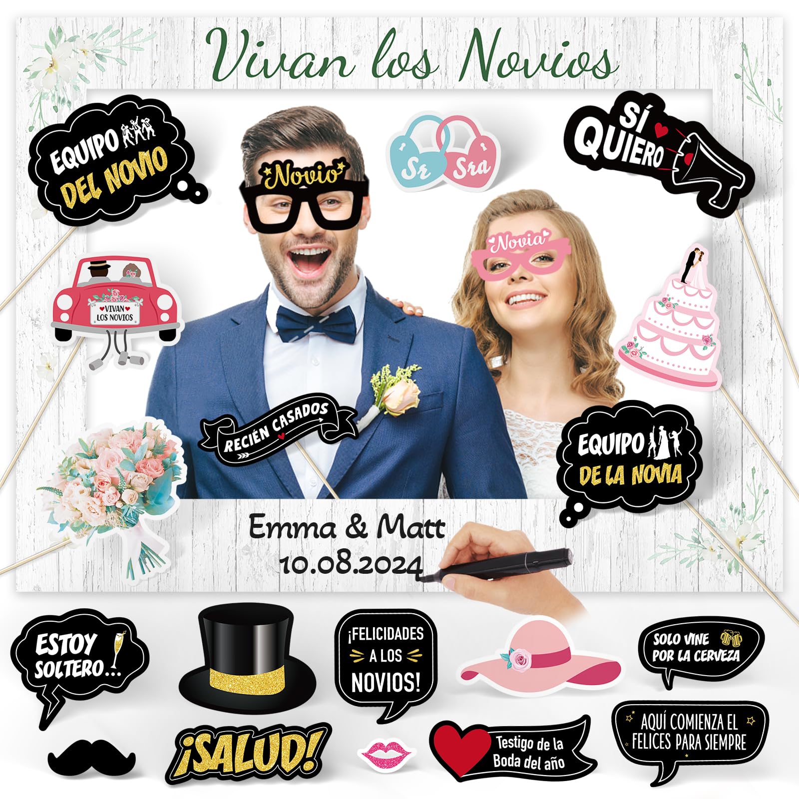BETESSIN 21pcs Photocall de Bodas Español, 1pc Marco de Fotos y 20pcs Accesorios Foto Props, Decoración Fiesta de Boda, Accesorios Photocall Boda