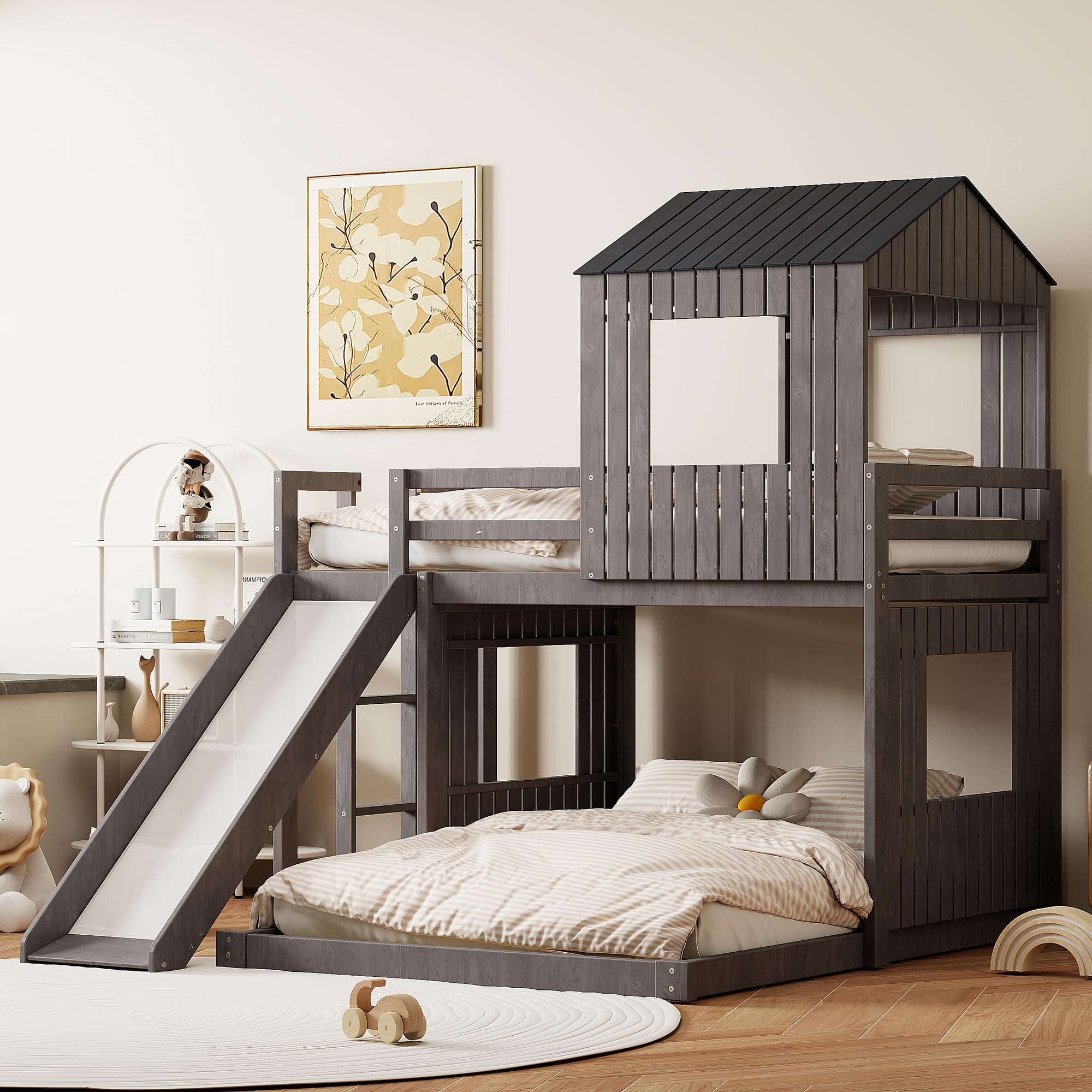 GDFStudio Twin Over Full House Bunk Bed with Slide for Kids, Playhouse Design Wooden Bed Frame with Roof, Windows, Ladder and Guardrails, Fun Toddler Bunk Beds for Boys and Girls, Antique Gray
