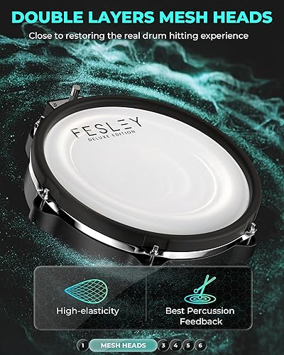 Miniatura 3 de Fesley Juego de batería eléctrica, juego de batería electrónica con 4 almohadillas de malla silenciosa, HiHat independiente y Kick Drum Juego de