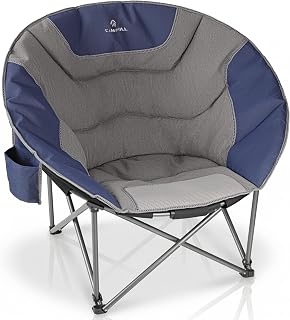 Oversized Camping Moon Chairs,Folding Round Padded Sofa Chair for Adults,Outdoor Lawn Chairs w/Side Pocket,Perfect for Indoor,Family Camping,Picnics and Garden,Blue&Grey
