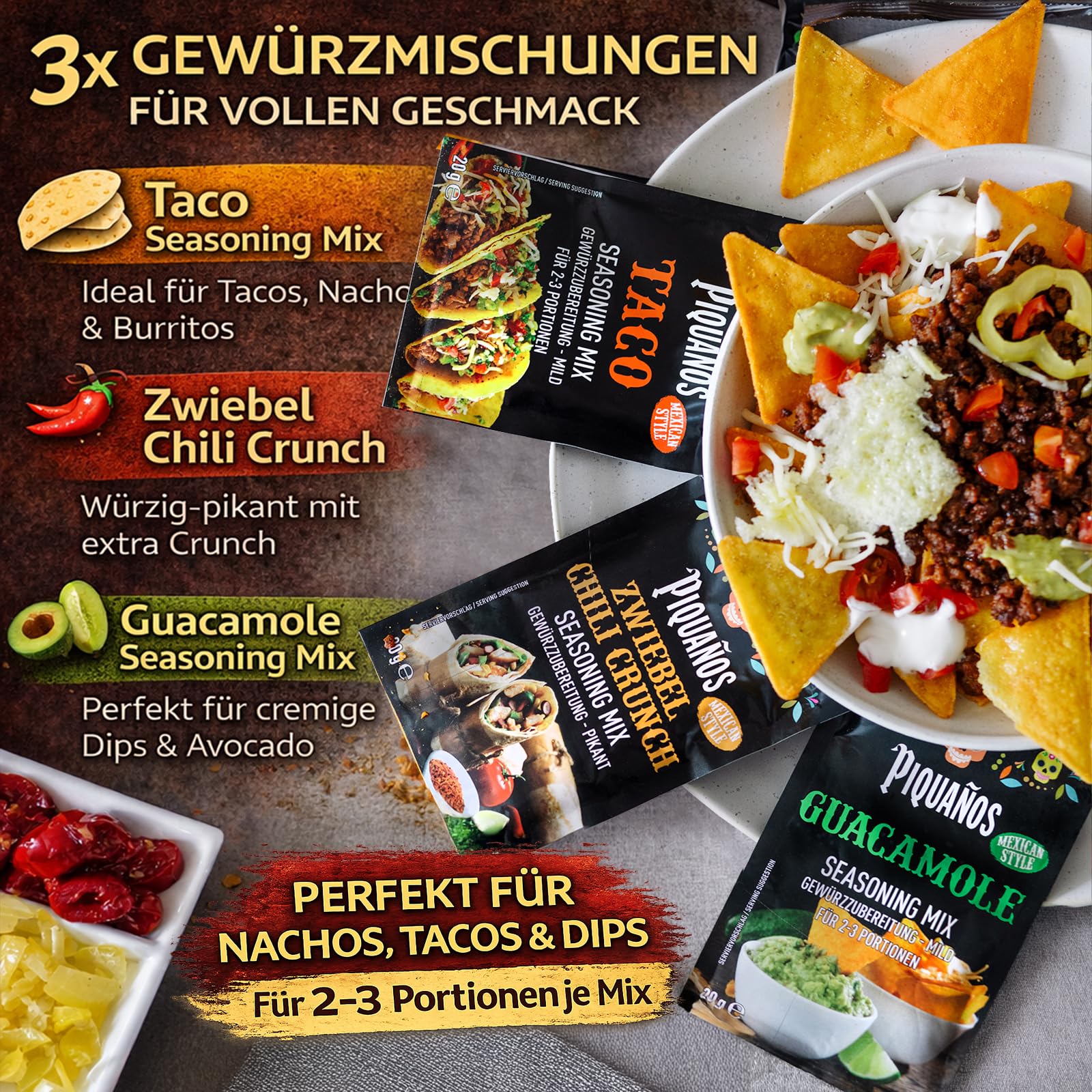 Piquaños Geschenkbox - Mexikanischer Geschenkkorb mit 13 Spezialitäten | Taco Box mit Saucen, Dips, Gewürzen & Chips | Geschenkset für Tacos, Nachos & mexikanische Küche - Mexiko Box
