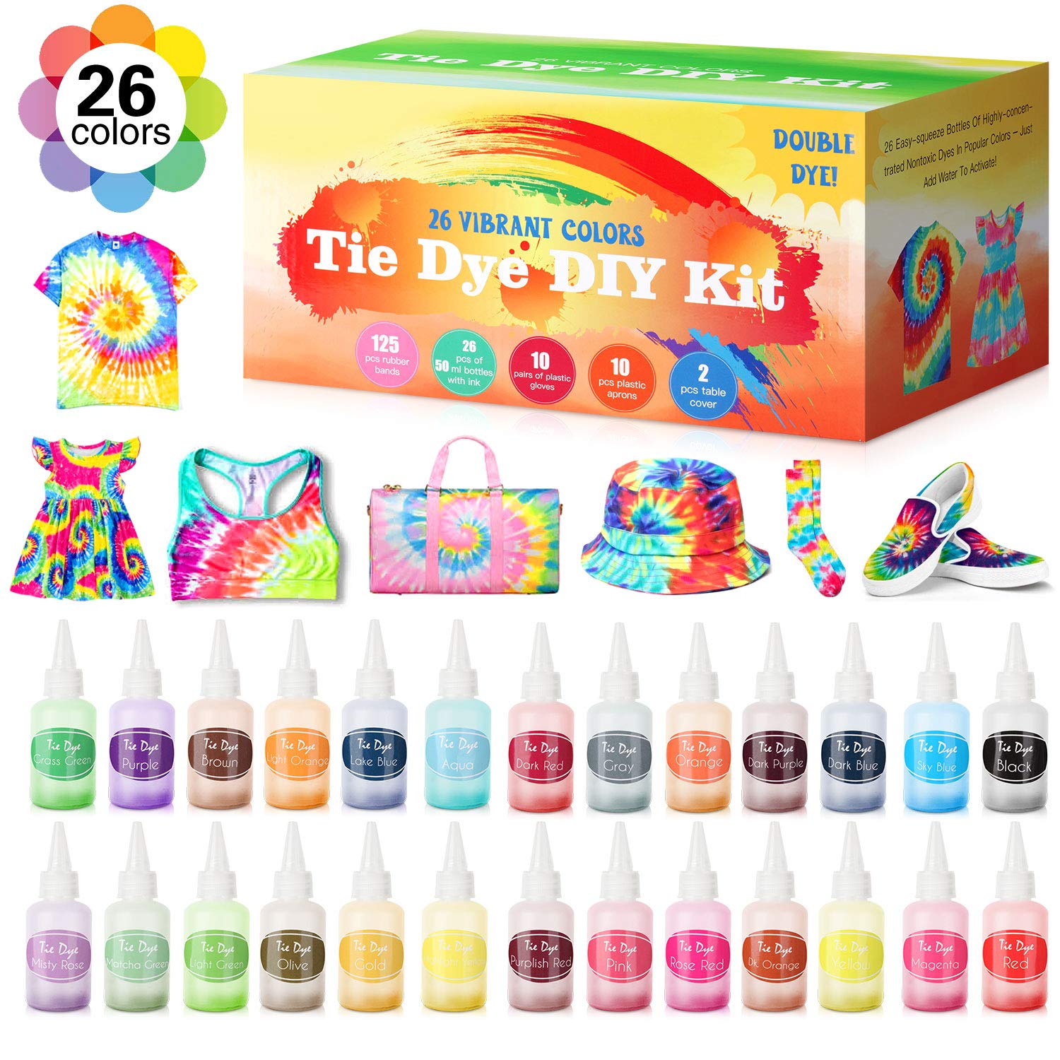 Tie Dye DIY Kit, 26 Colors Fabric Dye Kits for Kids, Adults and Large Groups, 173 Pack Party Tie Die Supplies with Aprons, Gloves, Rubber Bands and Plastic Table Covers