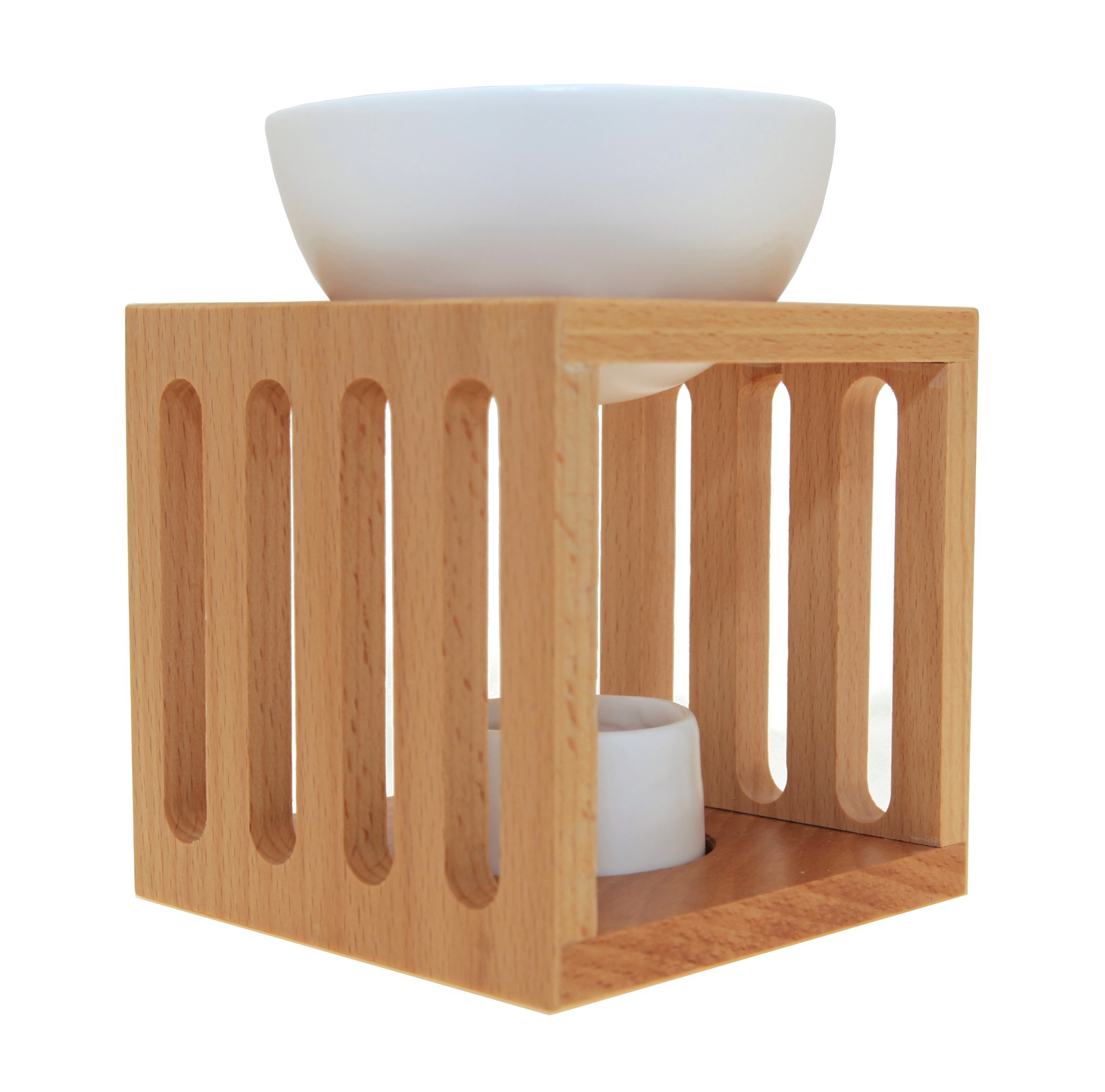 Cube Oil Burner – Solid Wood with White Ceramic Bowl and Tealight Candle Holder